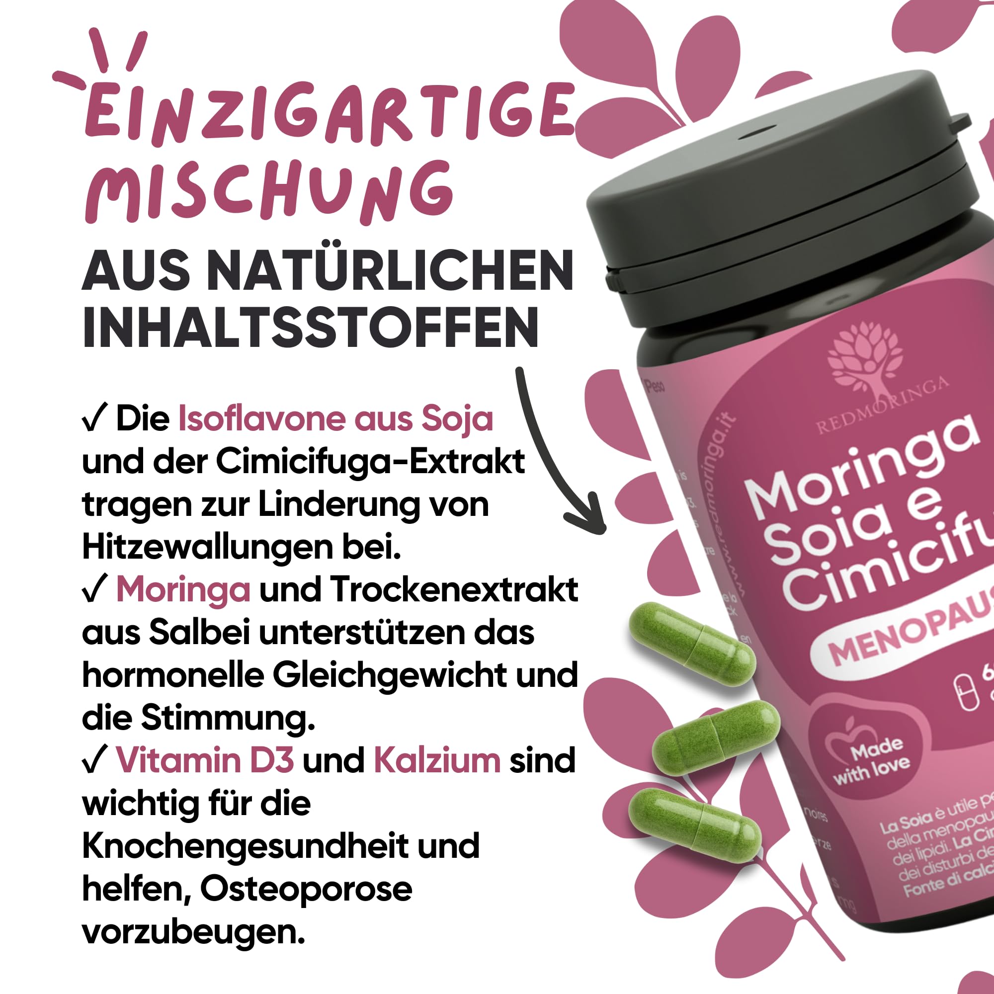 Formel für fortgeschrittene Menopause | Nahrungsergänzungsmittel Cimicifuga Menopause mit natürlichen Östrogenen gegen Hitzewallungen | Bio-Moringa zur Gewichtskontrolle | 60 Kapseln
