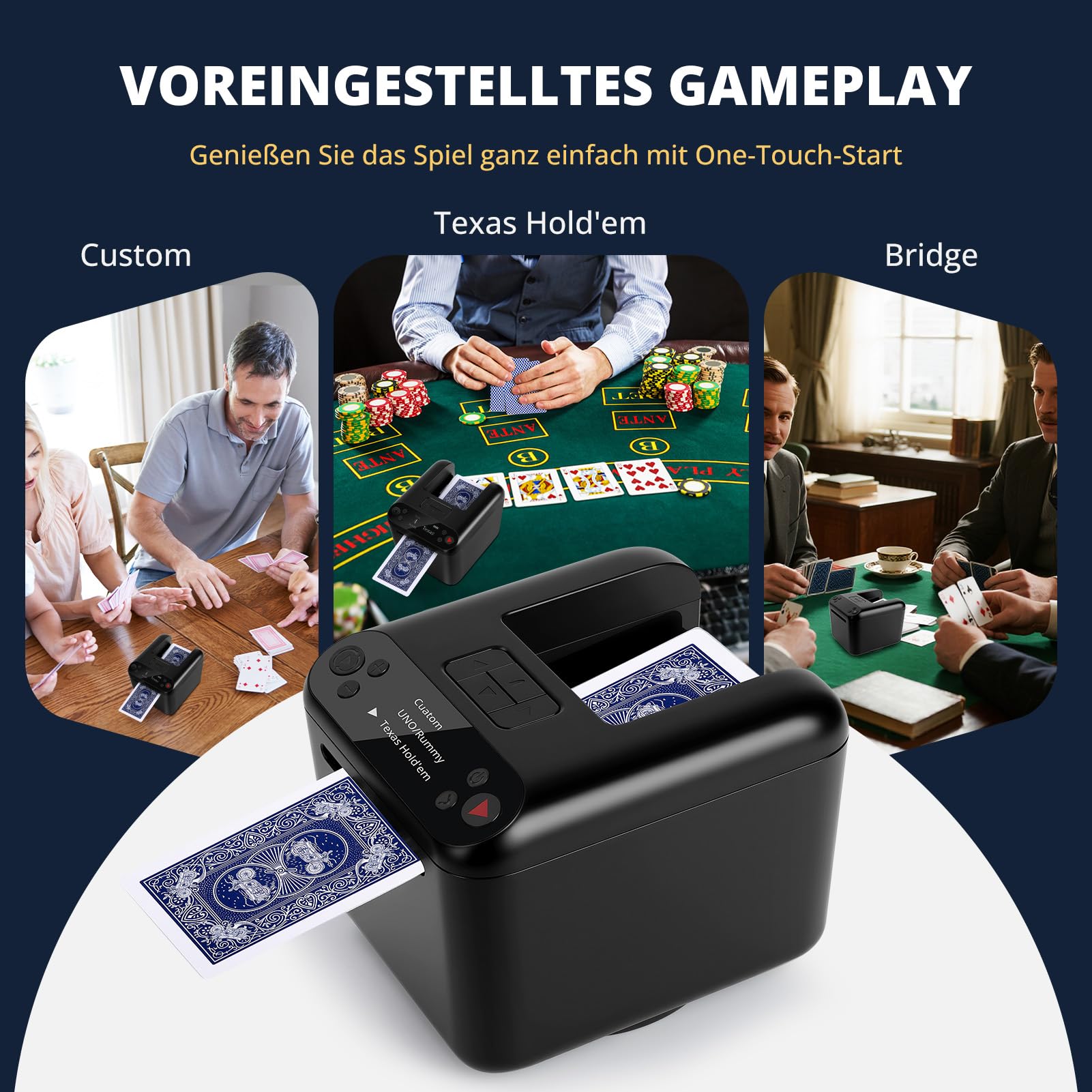 Automatischer Elektrischer Kartensendemaschine Wiederaufladbar für 1/2/3 Decks, 1–12 Spieler, 4 Rufknöpfe, 360°& 180°Drehung, kompatibel mit Texas Hold'em Poker, UNO, Bridge, Blackjack und mehr