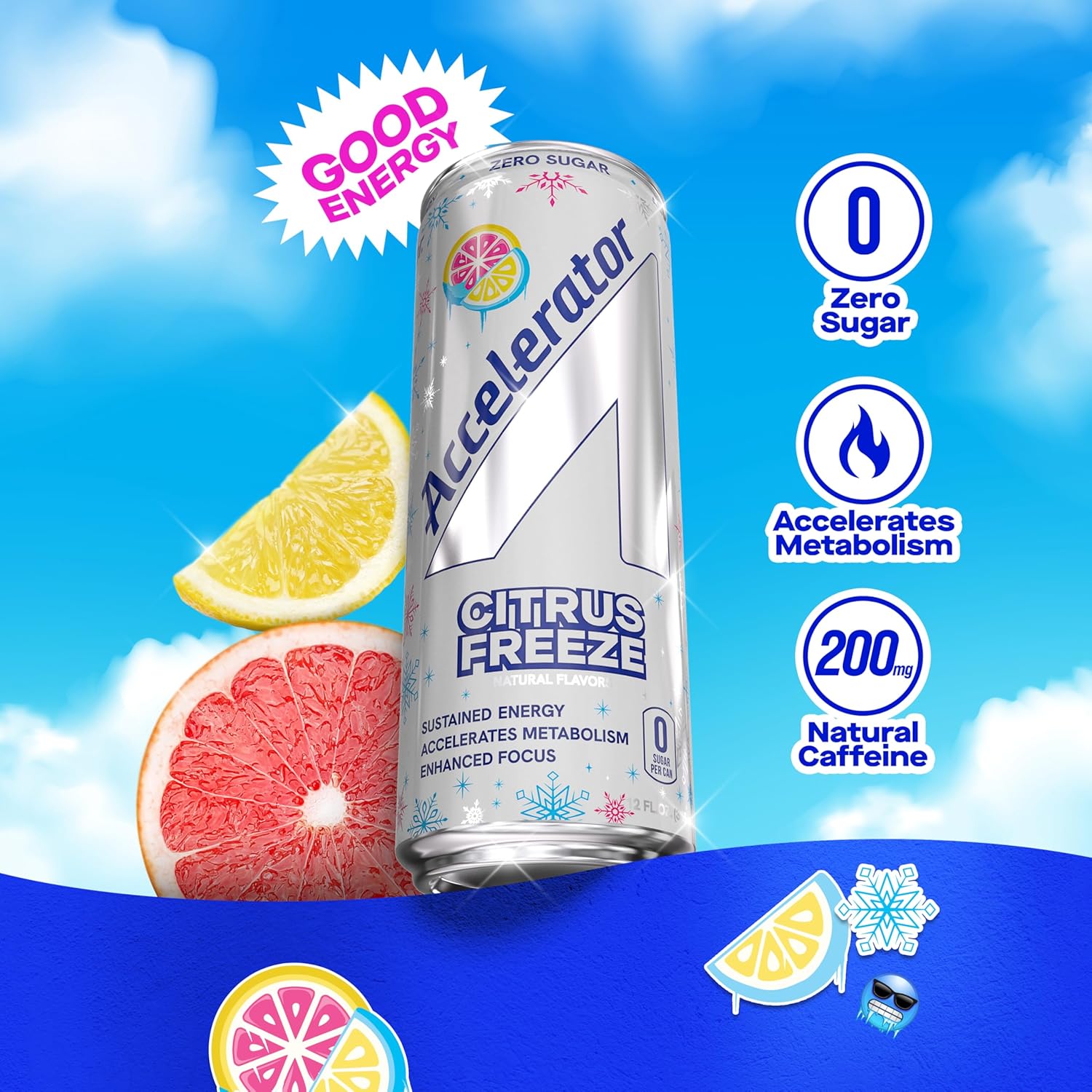 Accelerator Energy Drink, Citrus Freeze 12oz can (12 pack), Zero Sugar, Sustained Energy from 100% Natural Caffeine (200mg from Green Coffee Bean & Green Tea extract)