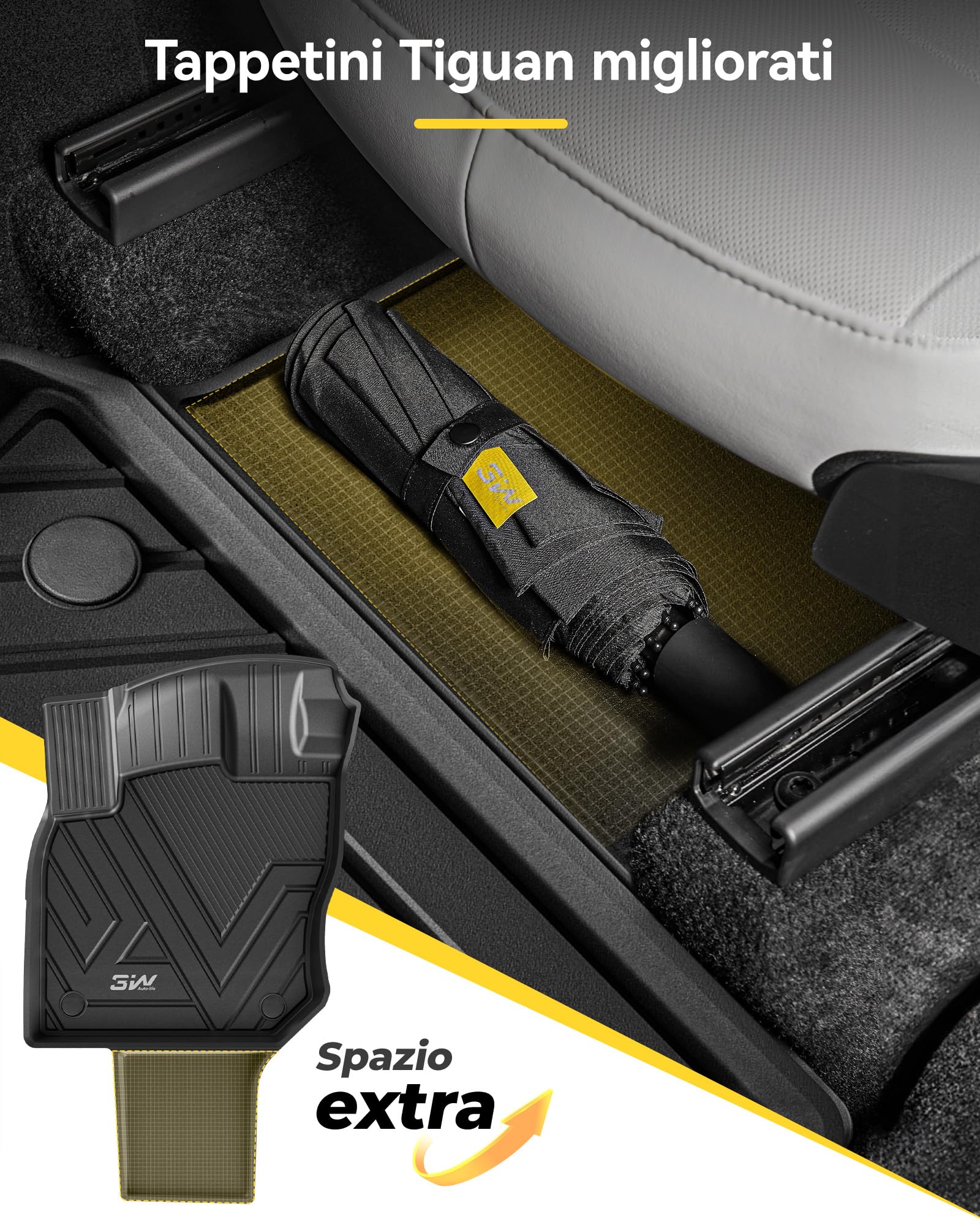 3W Set 4 di Tappetini per Volkswagen Tiguan 2025 2026 (Non compatibile con PHEV) in Thorex™ e Tappetino per Bagagliaio su Misura, Facile da Pulire Tappeti per Auto Resistente e Tappeto Bagagliaio