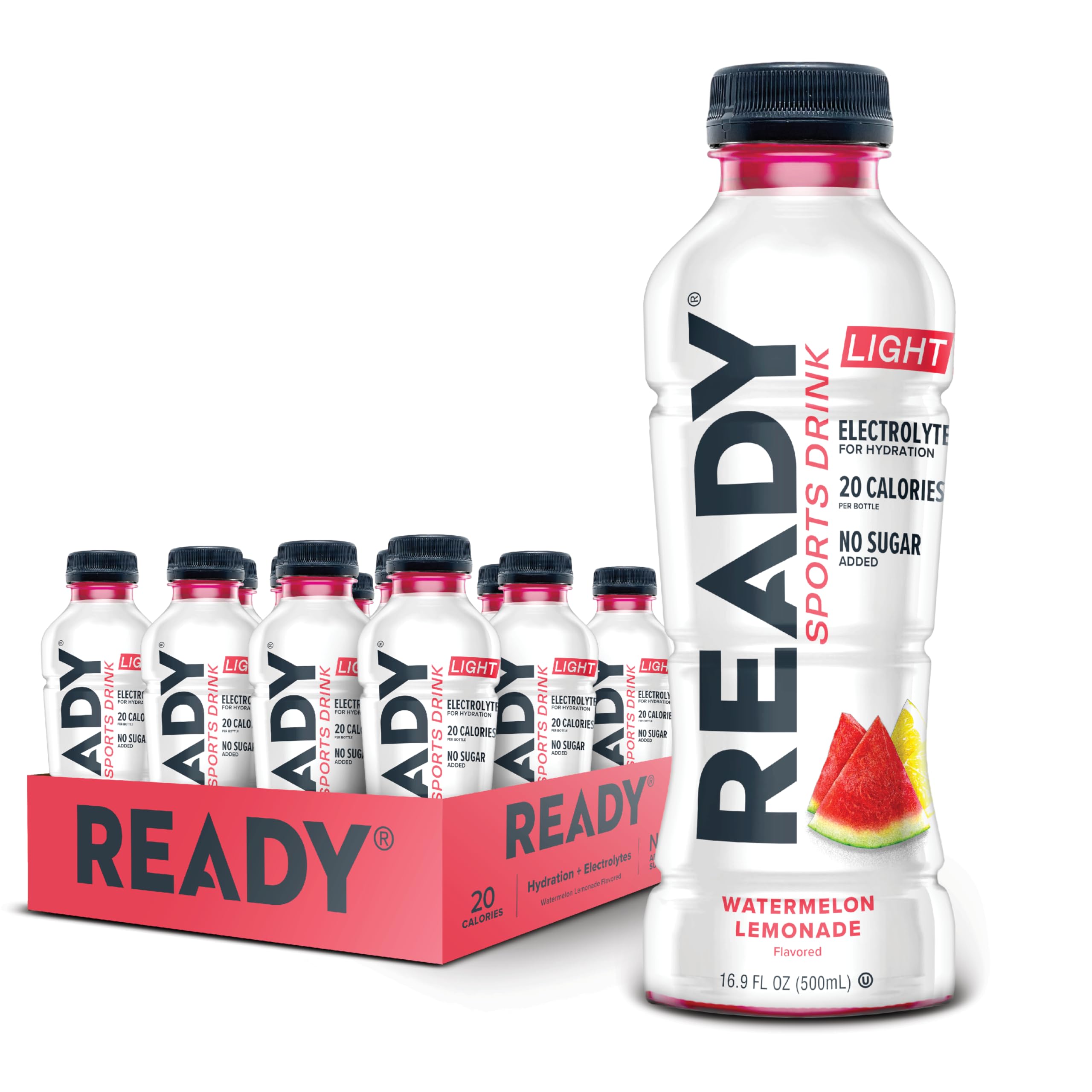Ready® Sports Drink Light – The Ultimate Low-Calorie Hydration Drink with 4 Different Electrolytes – No Added Sugars – Naturally Sweetened & Flavored – Watermelon Lemonade,16.9 oz (12-Pack)