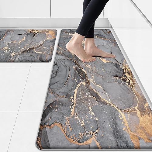 Kitchen Mat Anti Fatigue Cushioned Set of 2 Grey Kitchen Rugs Non Slip Waterproof Kitchen Floor Mats Gold Kitchen Accessories and Decor Comfort Memory Foam Kitchen Mats for Floor Laundry Room