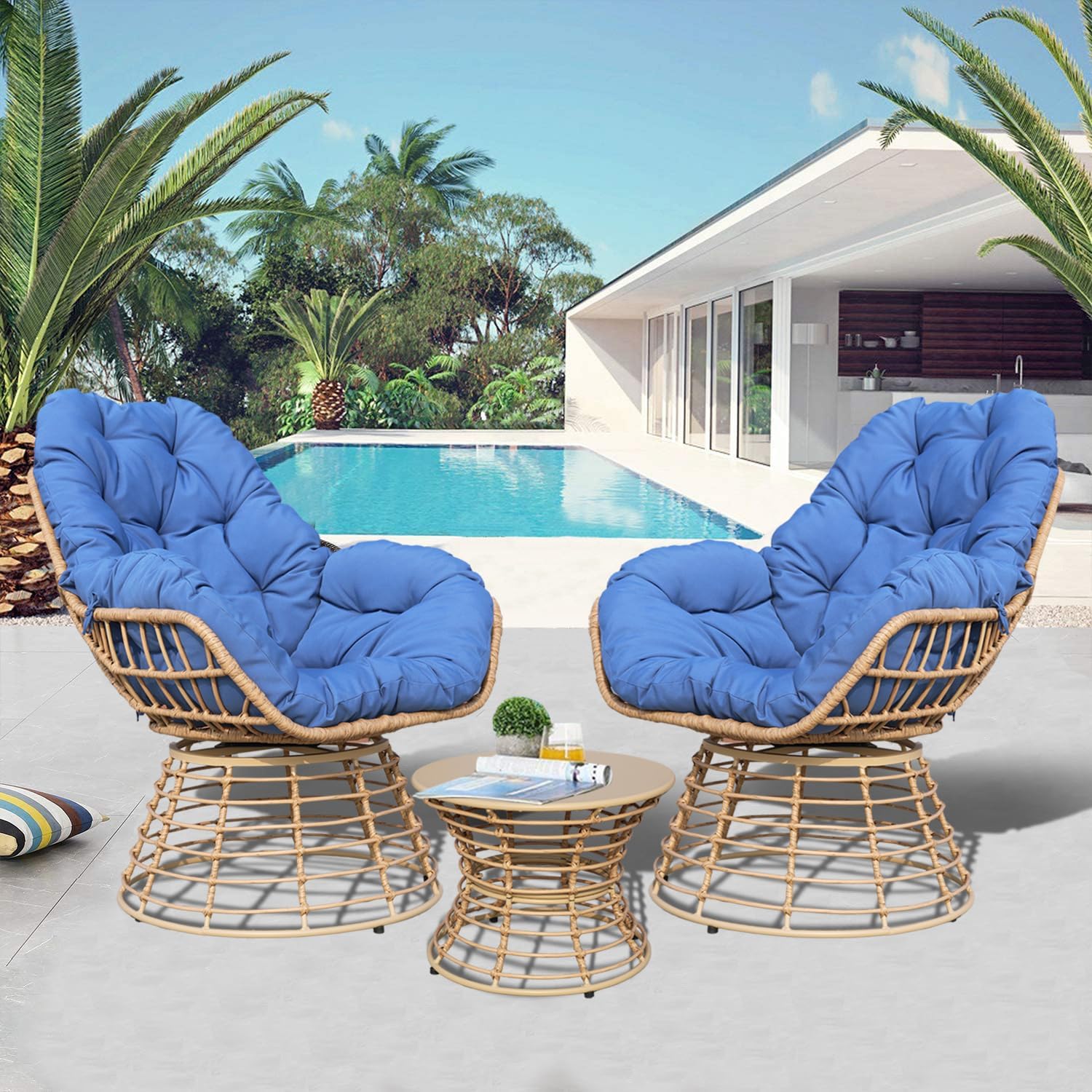 3 Pieces Wicker outdoor patio furniture set with swivel chair,Balcony Chairs Table Set with Cushions,bistro table and chairs set of 2,patio conversation sets for garden ,Deck,and porch (black)