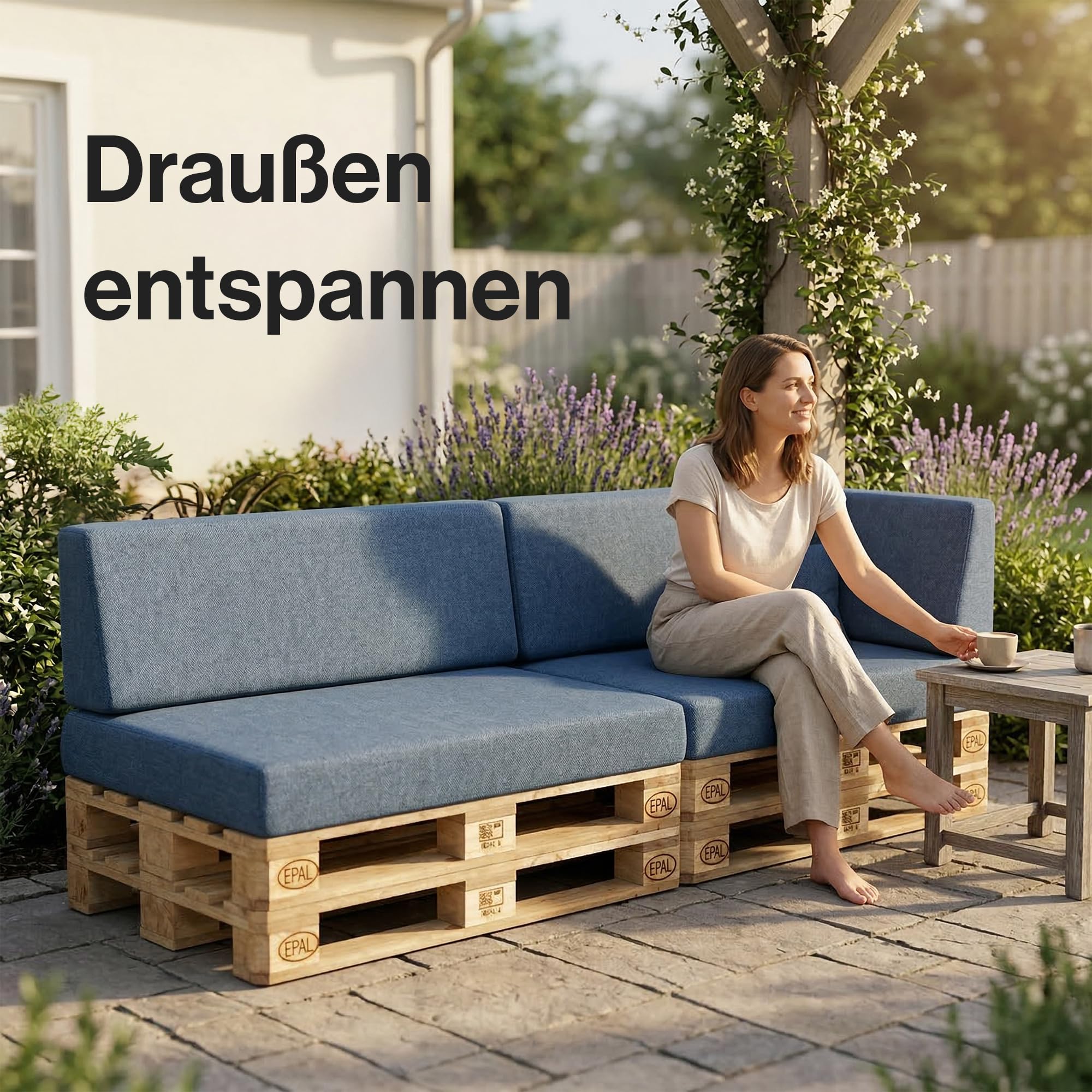 Cuscino per pallet 120 x 80 cm, per pallet europei, con schiuma poliuretanica granulata, trapuntato, per giardino, terrazza