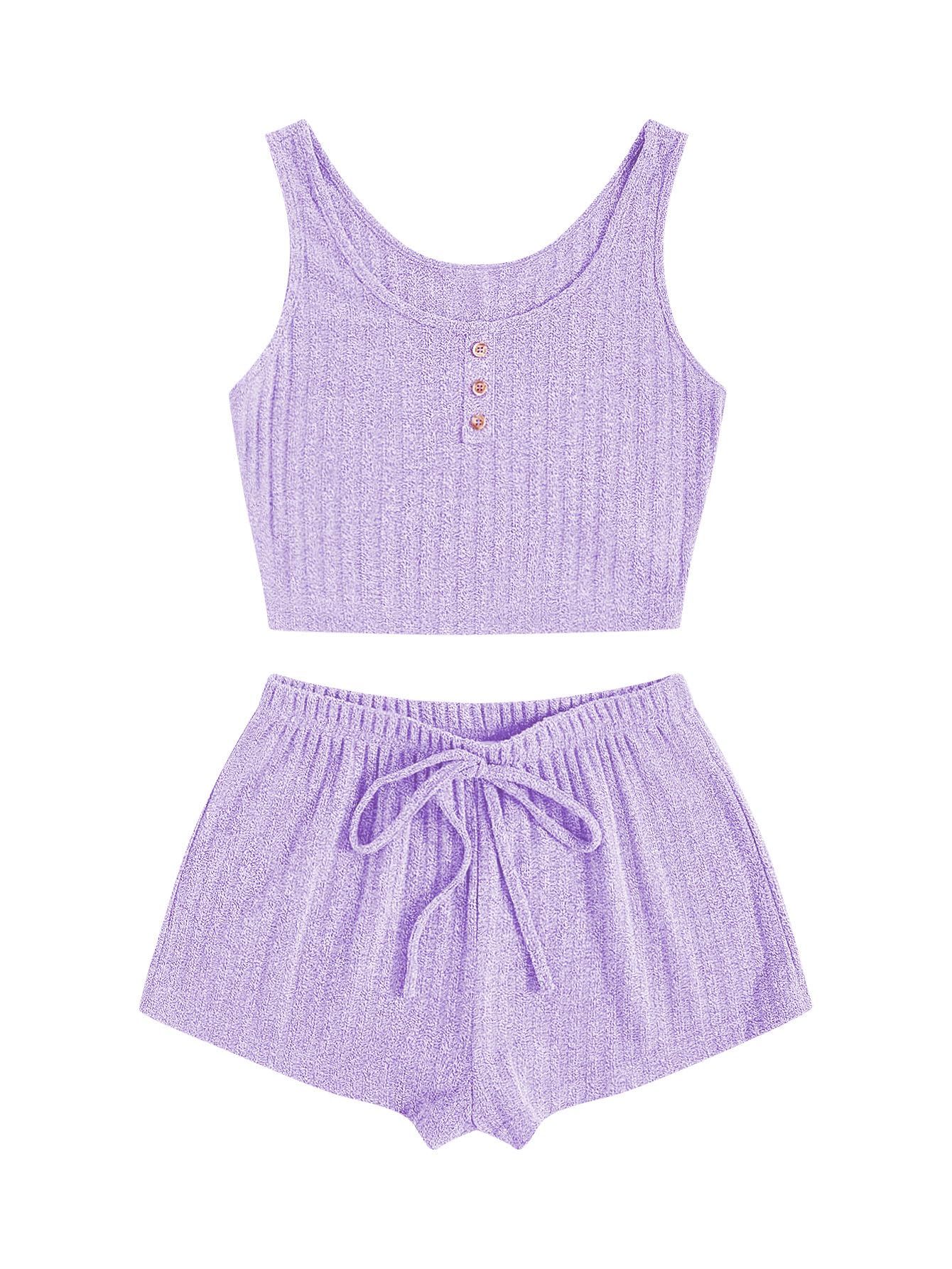 SOLY HUX Women's Button Front Ribbed Knit Tank Top and Shorts Pajama Set Sleepwear Lounge Sets