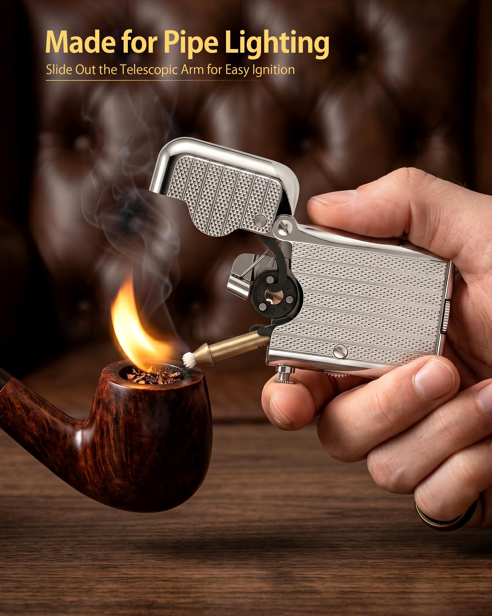 THORENS Gen 7 Single Claw TELEFLAM Fluted Silver, Mechero de Pipa de Latón | Mechero de pipa vintage rellenable, brazo telescópico para alcanzar la cazoleta, llama suave automática, seguro, caja regalo