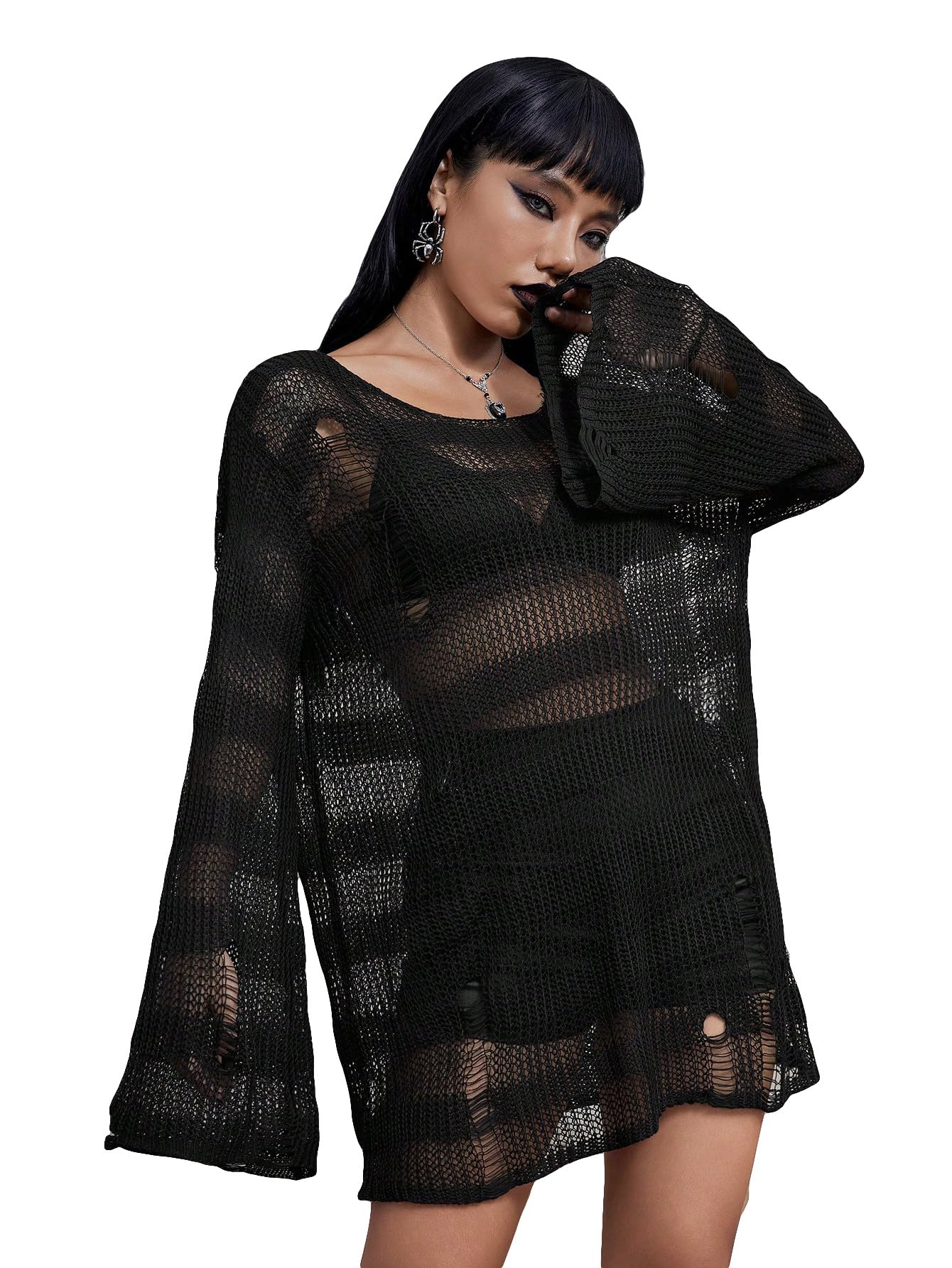Verdusa Womens See Through Round Neck Drop Shoulder Sweater Long Flare Sleeve Knit Top
