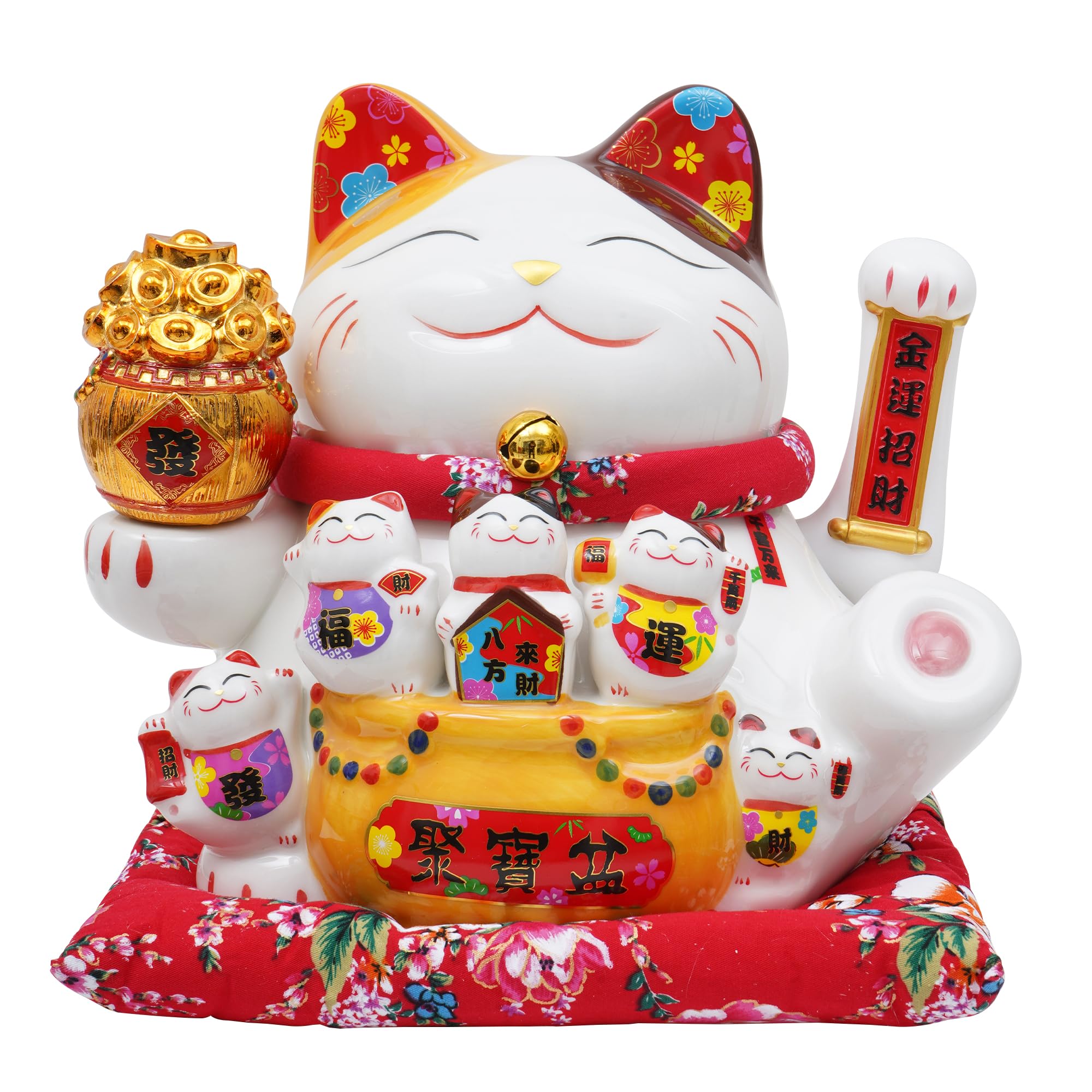 Nisorpa 11" Ceramic Lucky Cat Waving Arm, Maneki Neko Fortune Cat Statue with Auto-Swing Plastic Arm, Chinese Feng Shui Wealth Decor for Home Office Shop Decorative Gift for Good Luck & Prosperity