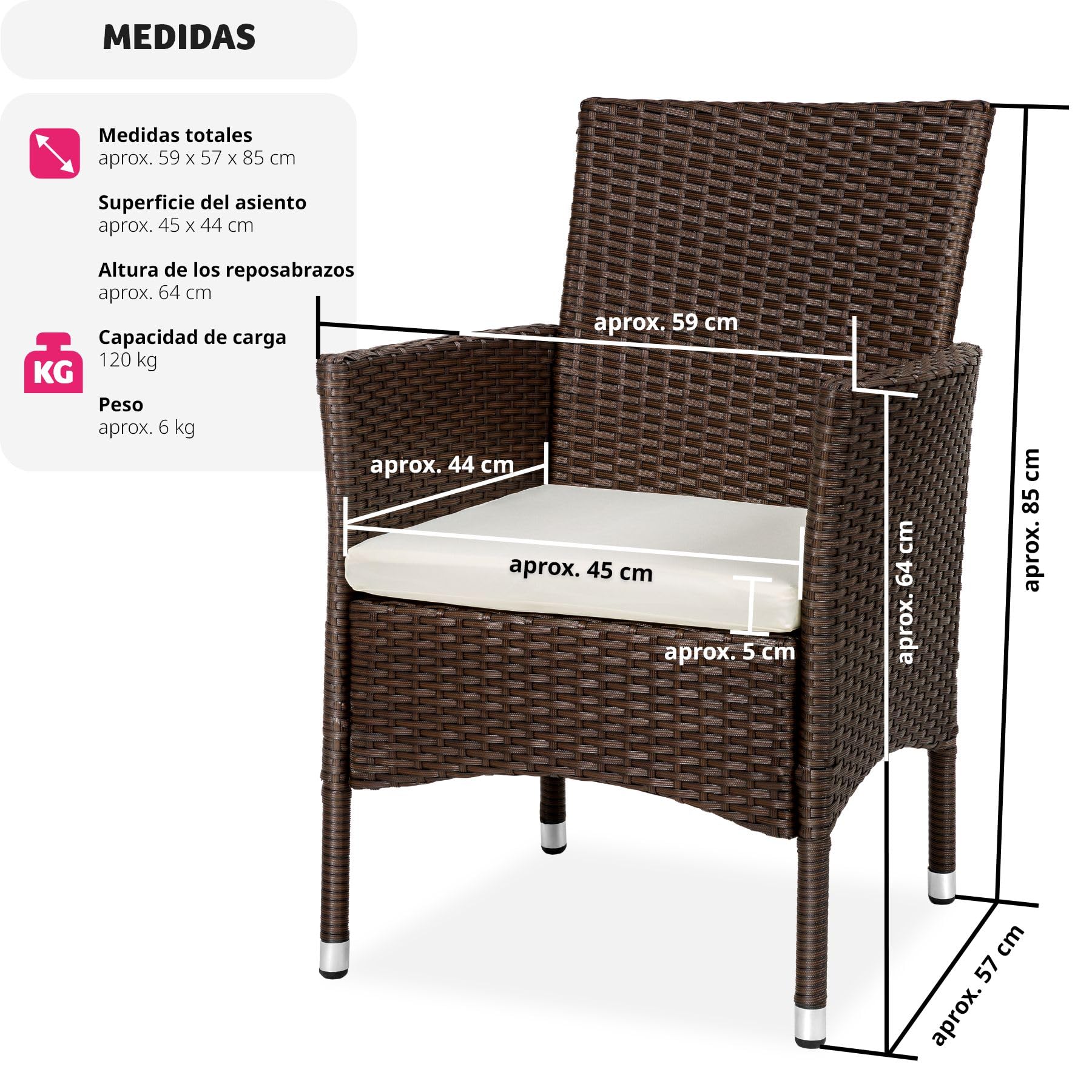 tectake® Set de 2 Sillones en Poliratán y Acero, Muebles Jardín Exterior, Sillón para Conjunto Jardín Exterior, Cojines con Fundas Intercambiables, Fácil Montaje - marrón/Beige