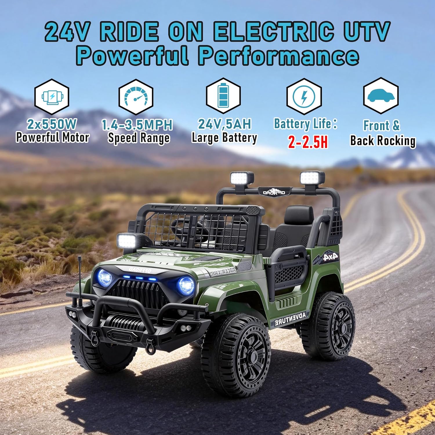 24V Ride On Toys for Big Kids, True 2-Seater Kids Electric Jeep with 550W Dual Motors, Extra-Wide 31” Seat, 4-Wheel Suspension, Parent Remote Control, LED Headlights & Rear Searchlights (Green)