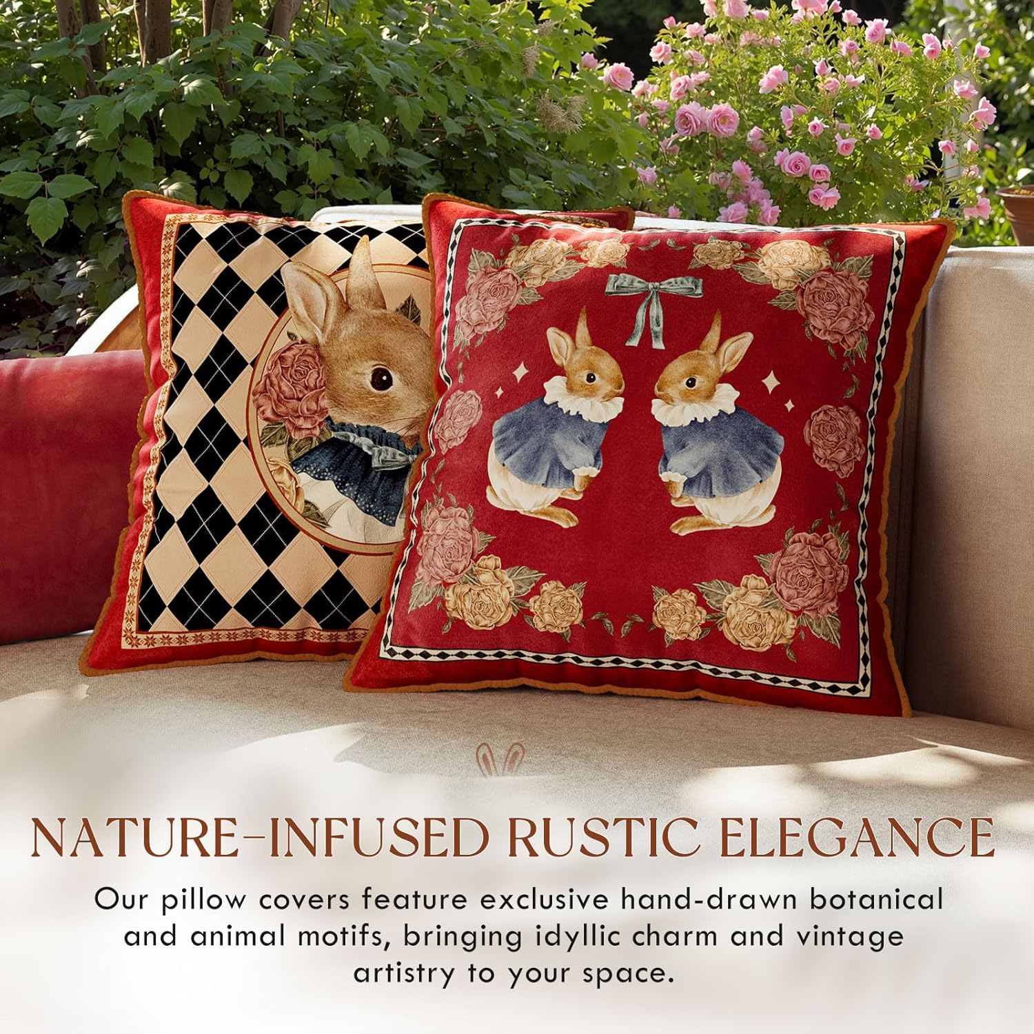Bunny Checkered Pillow Cover Decorations, Velvet Euro Sham Covers Decorative Throw Pillow Covers 18x18 for Couch Sofa Bed Home Decor