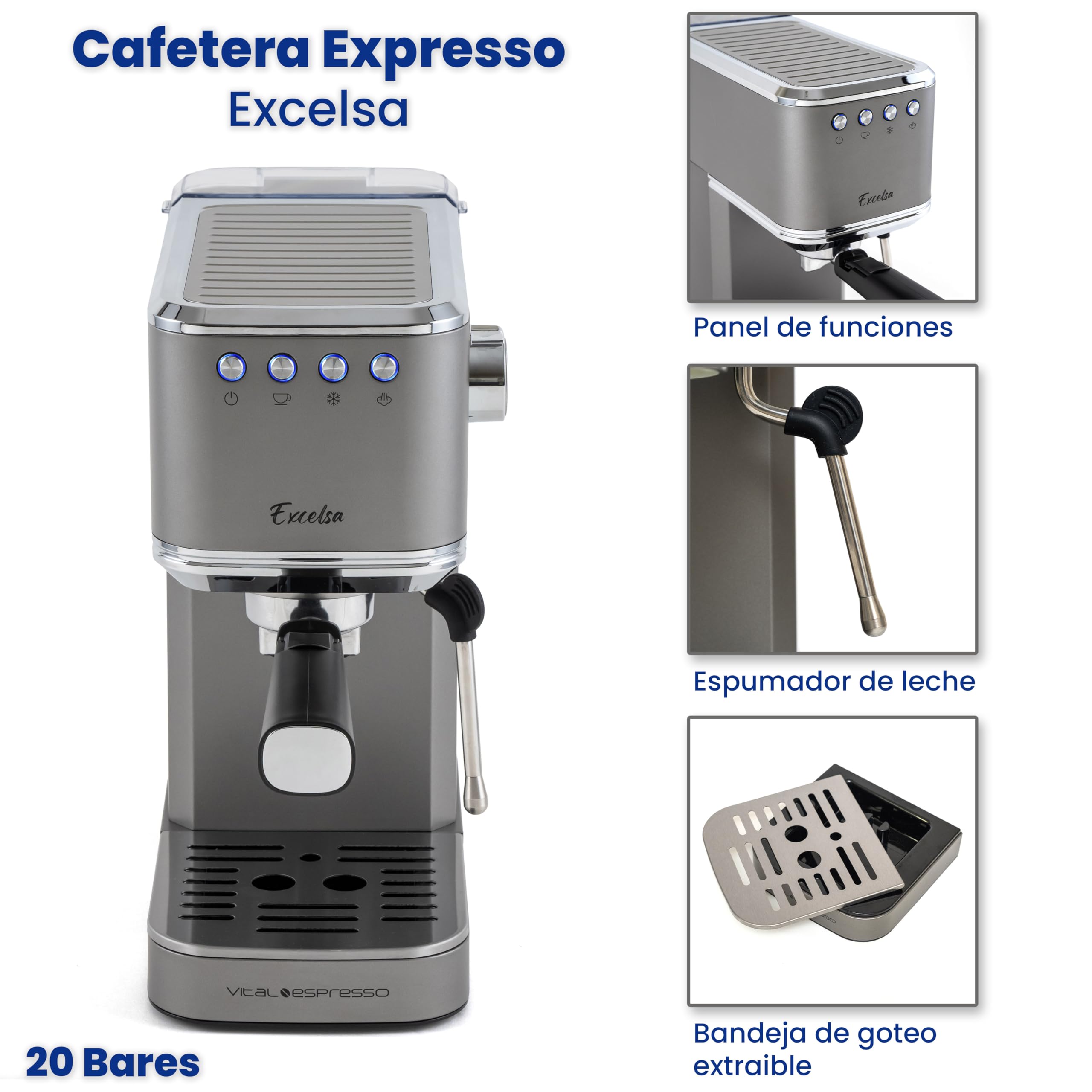 XSQUO Useful Tech Caffettiera Express da 1350 W, 20 bar, con vaporizzatore orientabile e pannello digitale - Vital Espresso Excelsa - Funzione caffè freddo