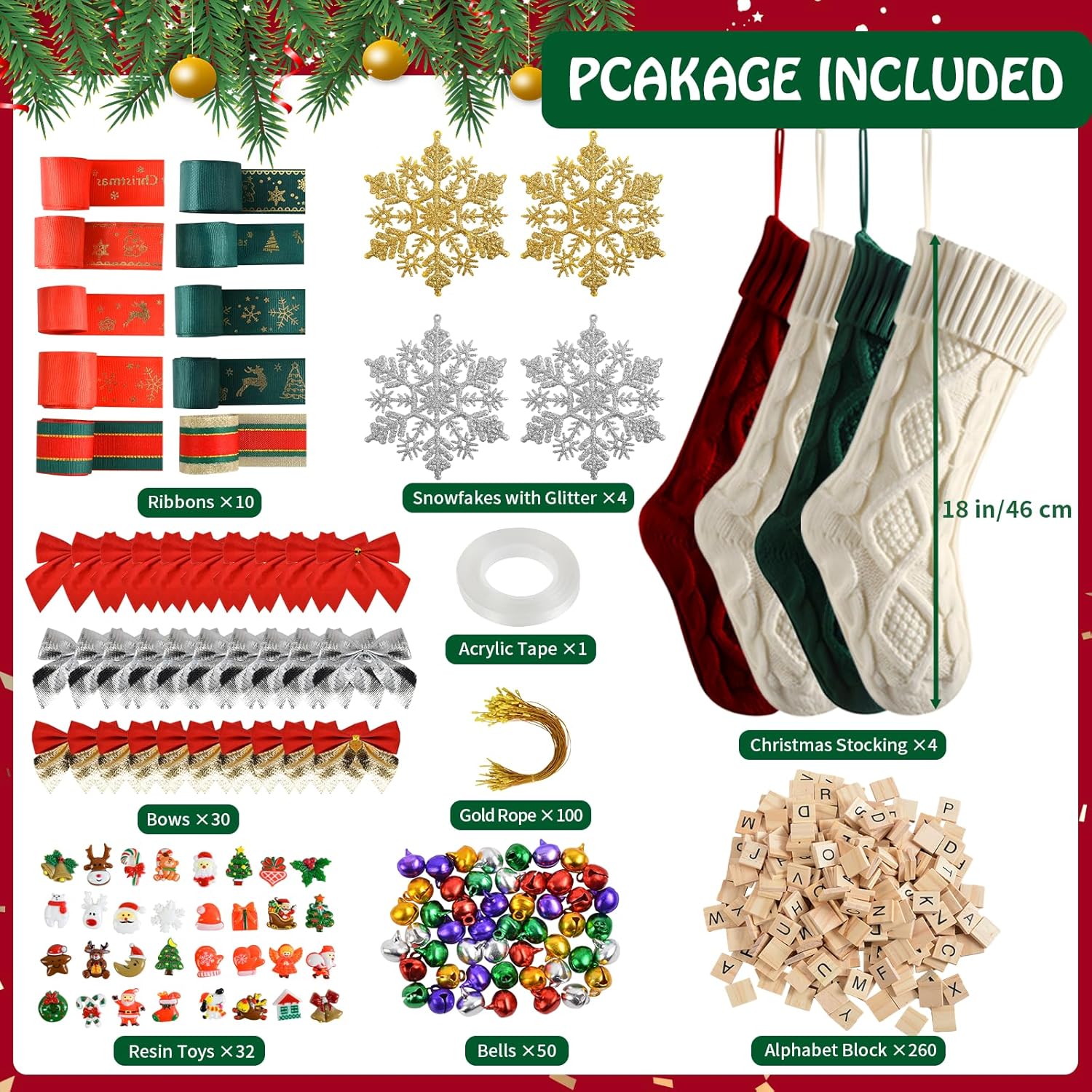 QIDSJCCBD 491 Pcs Christmas Ornament Kits for Adults, Includes 4 Christmas Stocking, Bows, Ribbons, Bells & More, Christmas Crafts for Adults to Make Your Own Unique Christmas Ornaments & Decorations Style 2
