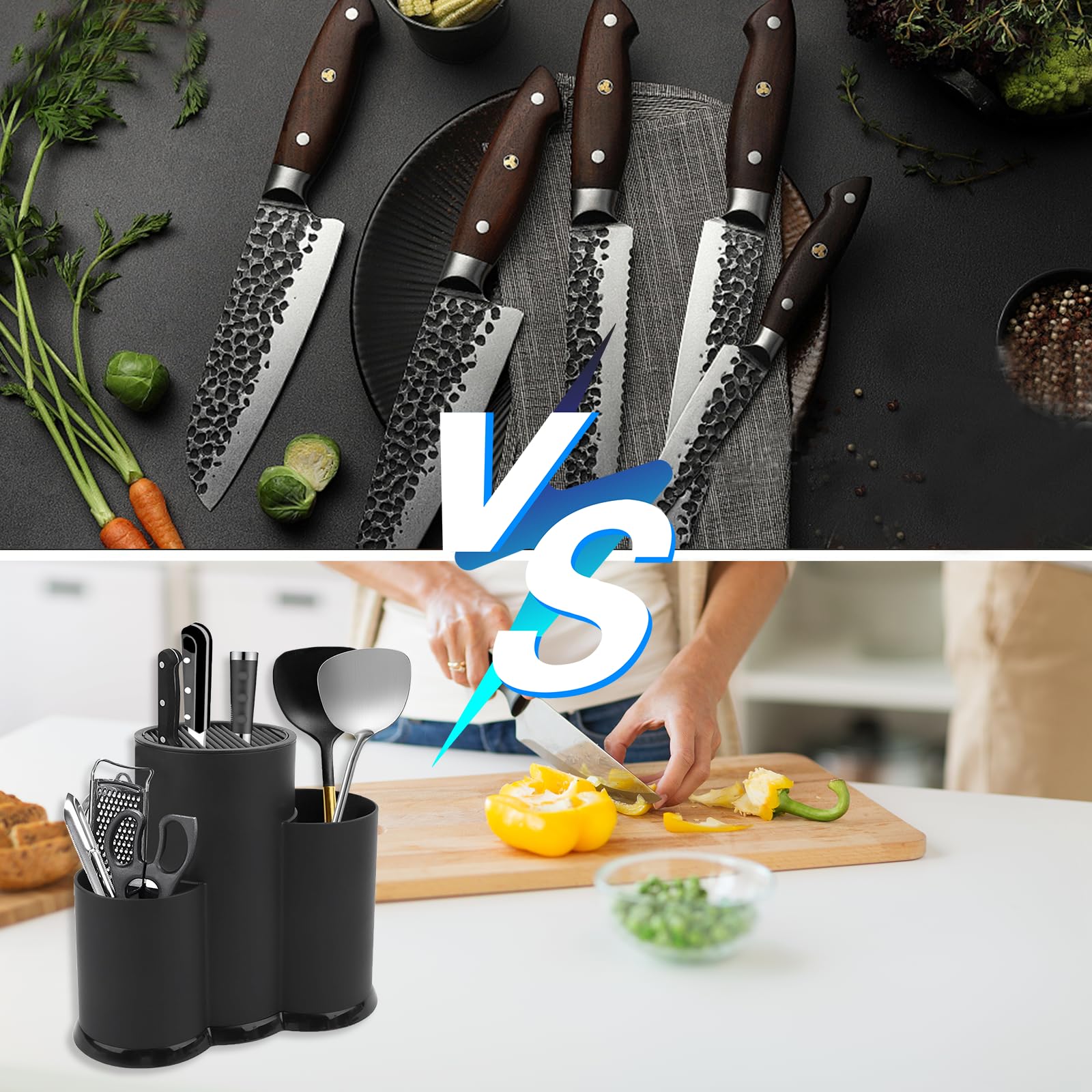 3 in 1 Ceppo Coltelli da Cucina, Ferroso Ceppo Coltelli Vuoto, Nero Porta Coltelli Cucina, Ceppo Portacoltelli da Cucina Con Foro Scarico e Slot Porta, Blocco Porta Coltelli Tondo per Cucina