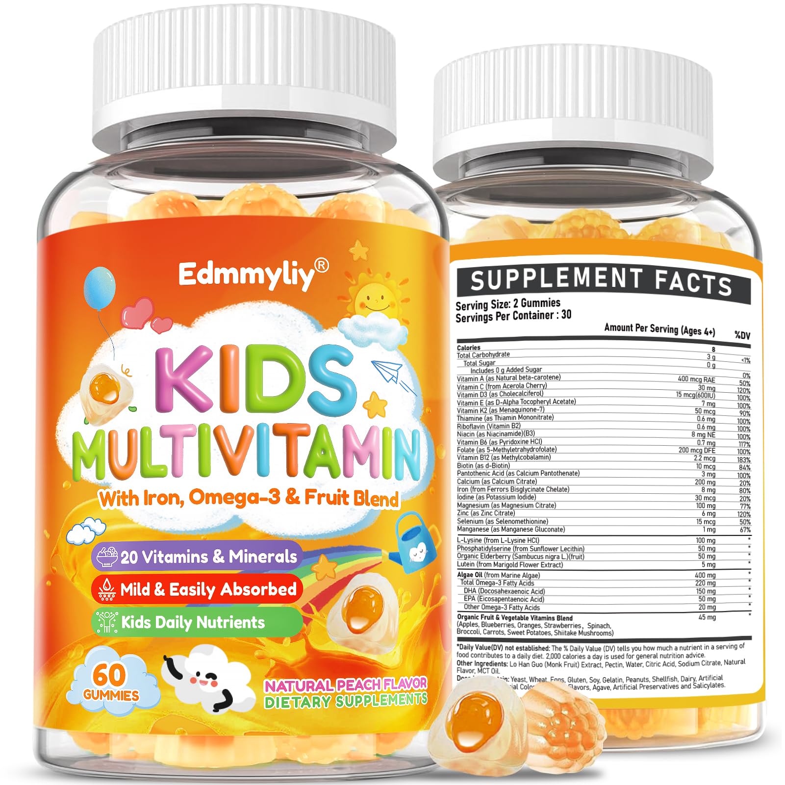 Kids Multivitamin Gummies - Methylated Vitamins Gummy | Vitamins A D3 K2 B-Complex with Iron, Omega-3 for Kids Daily - Organic Mixed-Berry Flavor Multivitamins - Sugar Free & Vegan