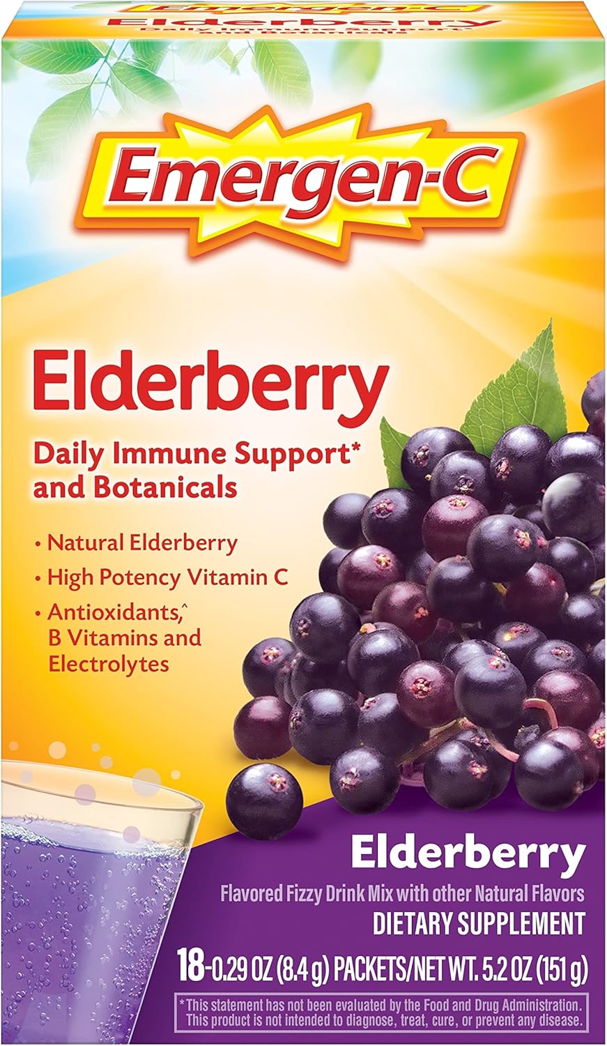 Emergen-C Elderberry Fizzy Drink Mix, Elderberry Immune Support, Natural Flavors, With High Potency Vitamin C, 18 Count