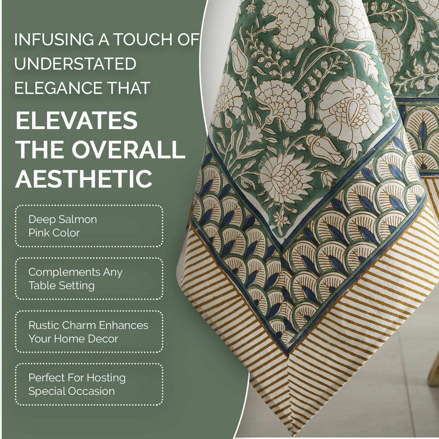 Labhanshi Indian Handblock Print Floral Cotton Table Cloth|Rectangle 60x90 Inch 6-Seater Kitchen Dining Table Cloth|Spring Easter St.Patrick Wedding Holiday Party Decorative Table Cover|Moss Green