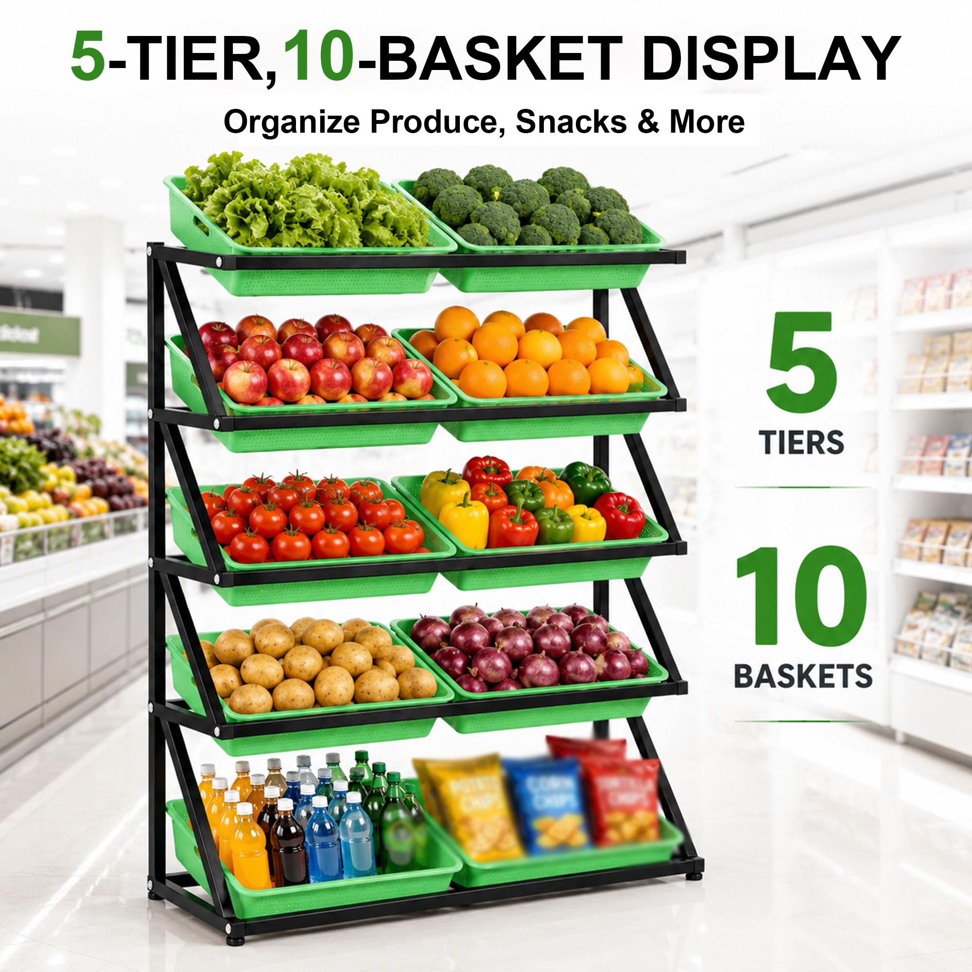 Espositore da supermercato per frutta e verdura con 10 cestini Black-5Tier