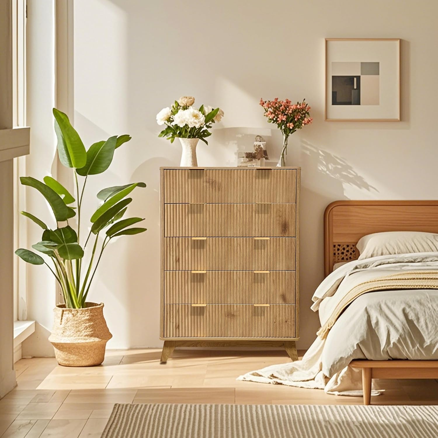 5 Drawers Dresser for Bedroom, 48" Tall Mid Century Modern Dresser Chest of Drawers, Fluted Tall Dressers for Bedroom, Living Room, Hallway, Entryway, Black