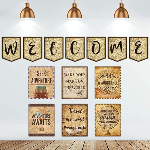 Chinco Decoración de aula de viaje por el mapa, recortes de tablón de anuncios de bienvenida, arte de pared inspirador, carteles temáticos de viaje,