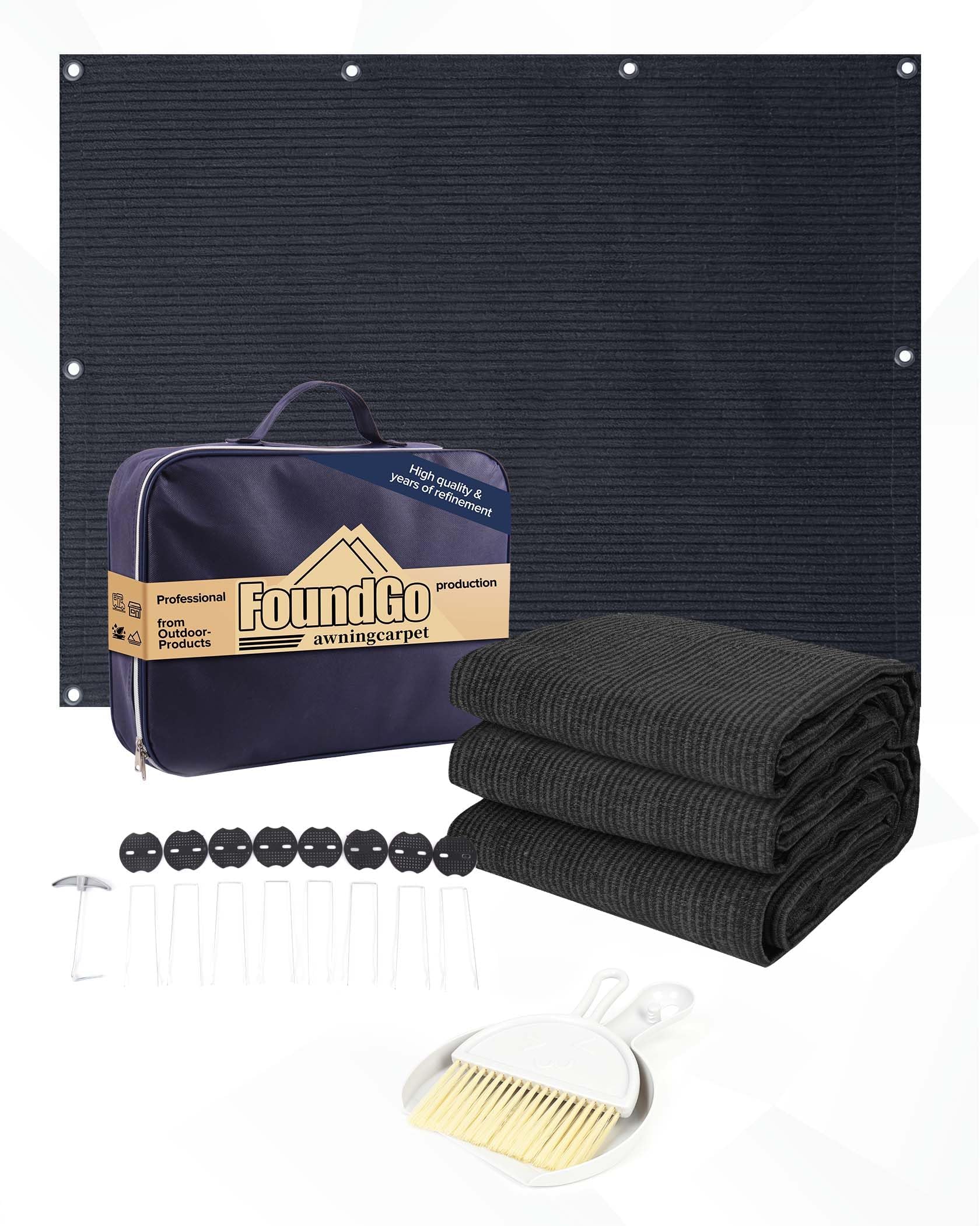 FoundGo Vorzeltteppich mit Ösen [280g/m² HDPE] Camping Teppich Outdoor Vorzeltboden inkl. Tragetasche Stahlnägel & Kleiner Besen Blau/Grau