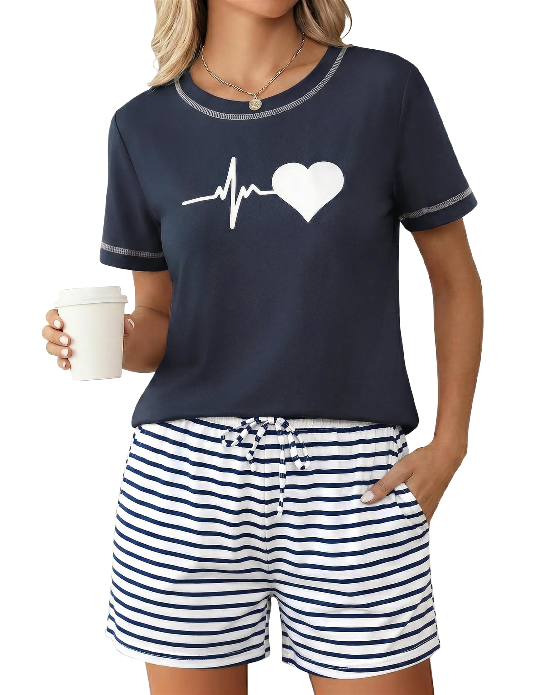Leversic Damen Schlafanzug Kurz Pyjama Set aus Baumwoll-Mix, Sommer Nachtwäsche Zweiteiler mit Print-Motiv, Kurzarm Shirt und Shorts Loungewear Set für Frauen