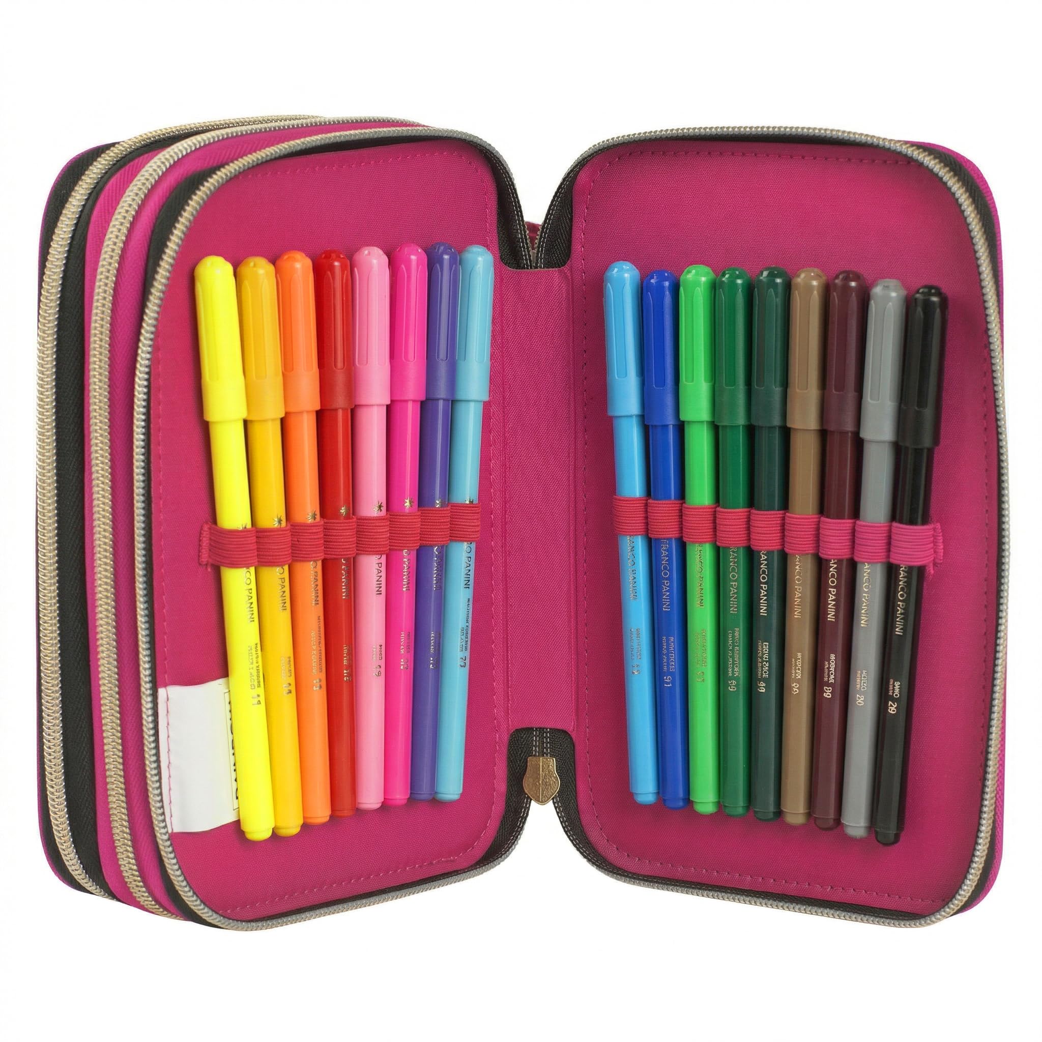 Franco Cosimo Panini Rainbow High - Estuche escolar oficial Rainbow High, estuche de 3 compartimentos para niña con juego de papelería, bolígrafo borrable azul Frixion y práctico cierre de cremallera,
