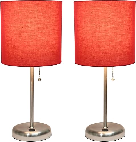 Miniatura 2 de Simple Designs LC2002-RED-2PK - Juego de lámparas de mesa de acero cepillado con puerto de carga USB y pantallas de tela roja, juego de 2 unidades