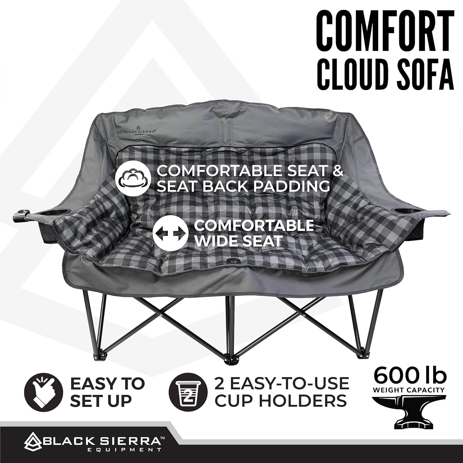 Black Sierra Double Loveseat Comfort Camping Couch, Oversized Folding Chair for Adults, 600‑lb Capacity, Plush Padded Heavy Duty Outdoor Seat with Cup Holders & Carry Bag for Beach, RV | Double loveseat, 600 lb capacity, Padded comfort, Outdoor ready, Cup holders, Carry bag incl