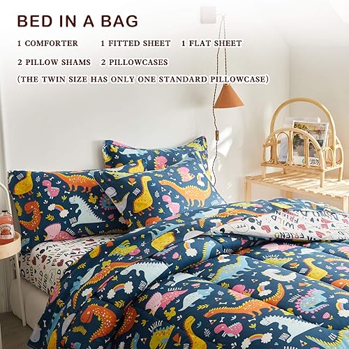 Miniatura 3 de Joyreap Juego de edredón de microfibra de 7 piezas con estampado de dinosaurios coloridos en azul marino, para niños y niñas (1 edredón, 2 fundas de