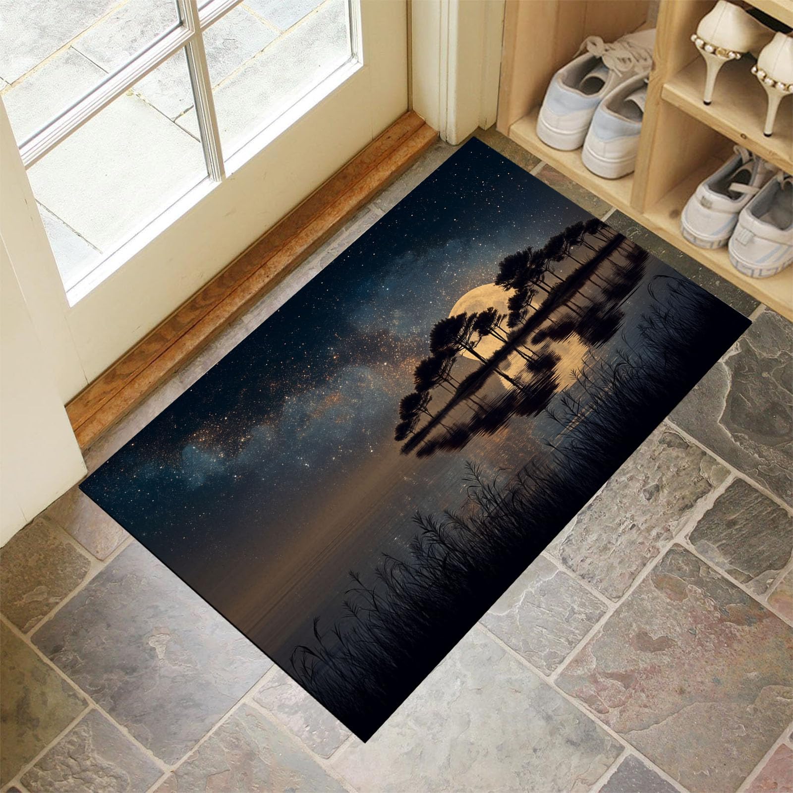 Felpudo para puerta de bosque y cielo estrellado, alfombra decorativa de 50x80 cm