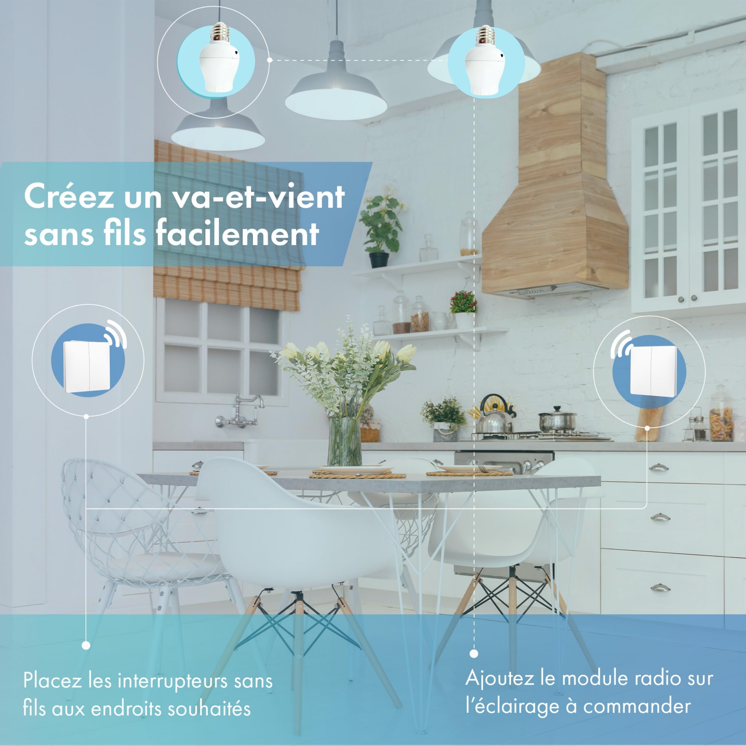 Interrupteur sans fil et sans pile Auto alimenté - Écologique - Qualité Pro - Va et vient RF 4 télécommandes double allumage + 2 douilles adptateur radios à vis E27