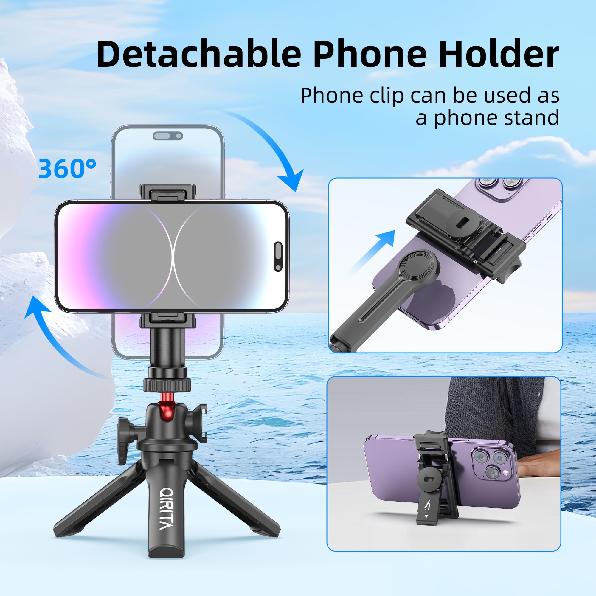 Mini Treppiede per Telefono Cellulare, Tripode Fotocamera 360° Rotazione, Stabilizzatore Smartphone con Cold Shoe & Vite 1/4", Cavalletto Portatile Compatibile con iPhone/Android/Fotocamera/Gopro