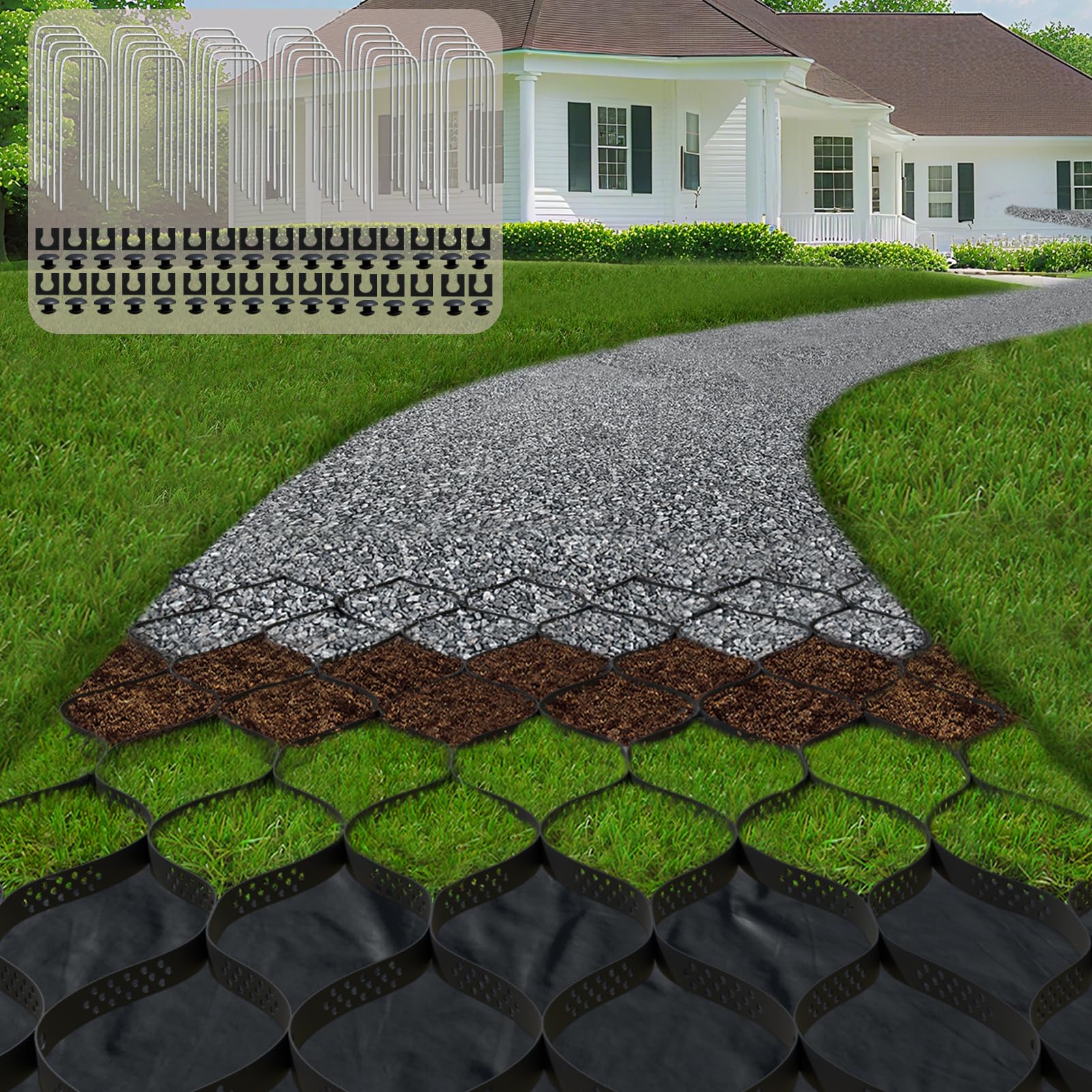 2" Thick Gravel Ground Grid 10ft x 33ft - Geo Grid Driveway Stabilization Grids, Gravel Retainer Grid 1885 LBS Per Sq ft, Geocell Geogrid for Walkway Driving RV Parking Slopes and Garden