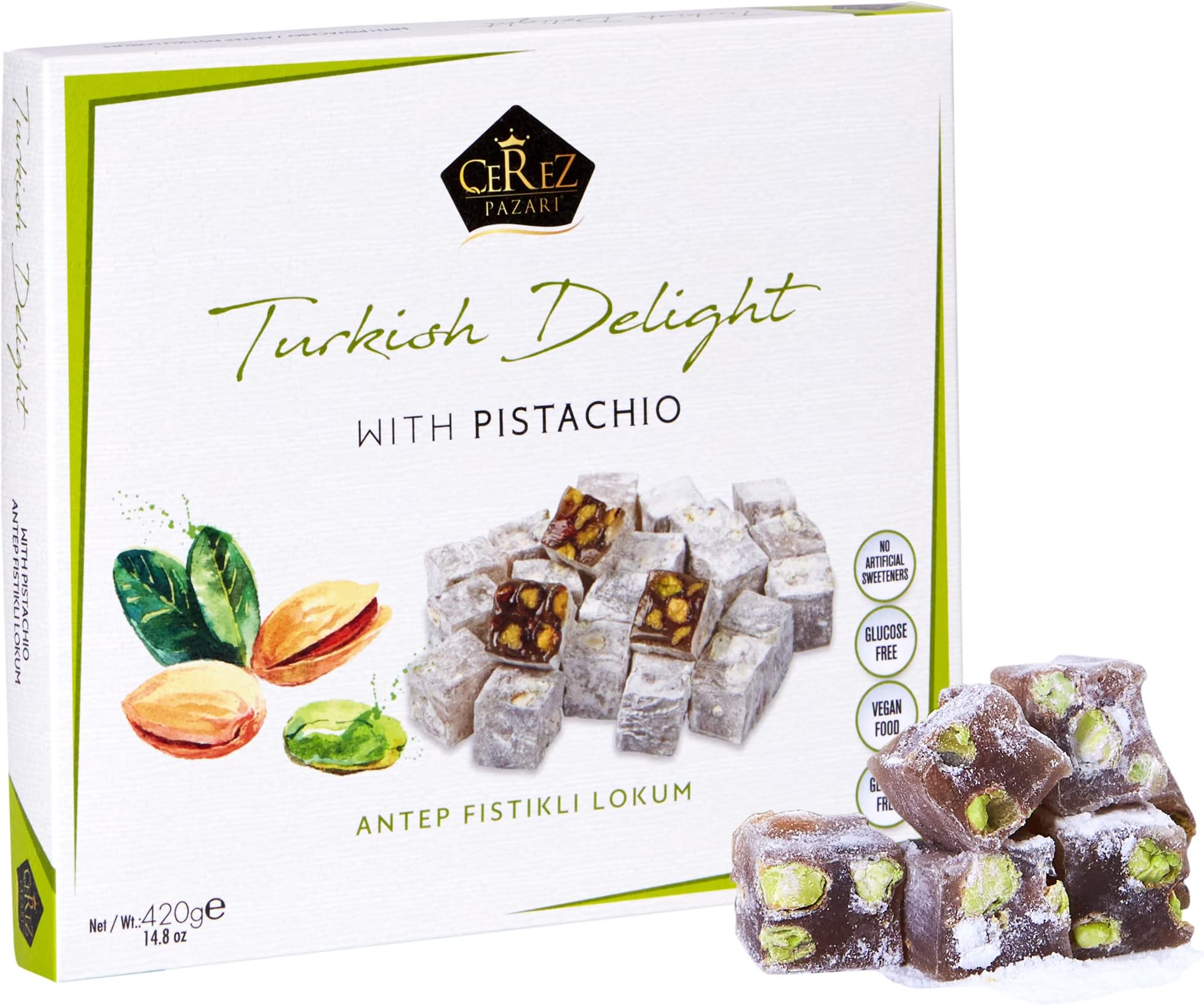 Cerez Pazari Turkish Delight Pistachio Candy Gourmet Premium Vegan Sweets Medium Gift Box 420g, Sweet Luxury Traditional Confectionery Soft Candy Dessert Glucose Free Lokum (Loukoumi)