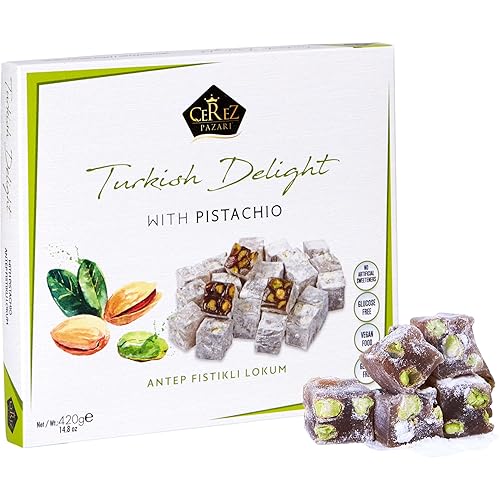 Cerez Pazari Turkish Delight - Caja de regalo mediana de caramelo de pistacho gourmet de alta calidad, 14.8 onzas, dulce y lujoso, confitería