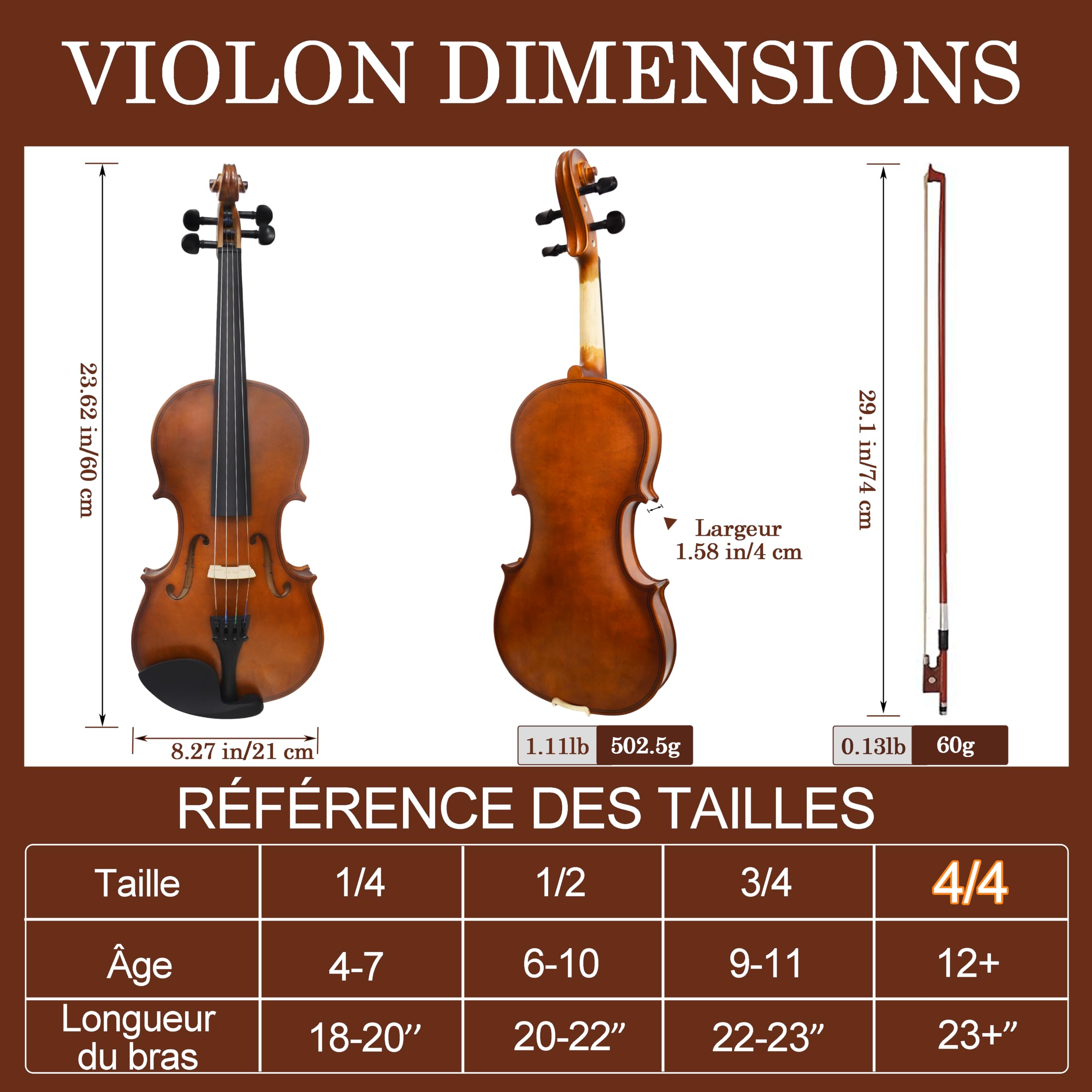 Violon 4/4 pour Débutants – Kit Complet Taille Adulte avec Étui, Archet, Coussin d'Épaule, Colophane, Cordes et Chevalet – Violon Acoustique pour Étudiants et Adultes