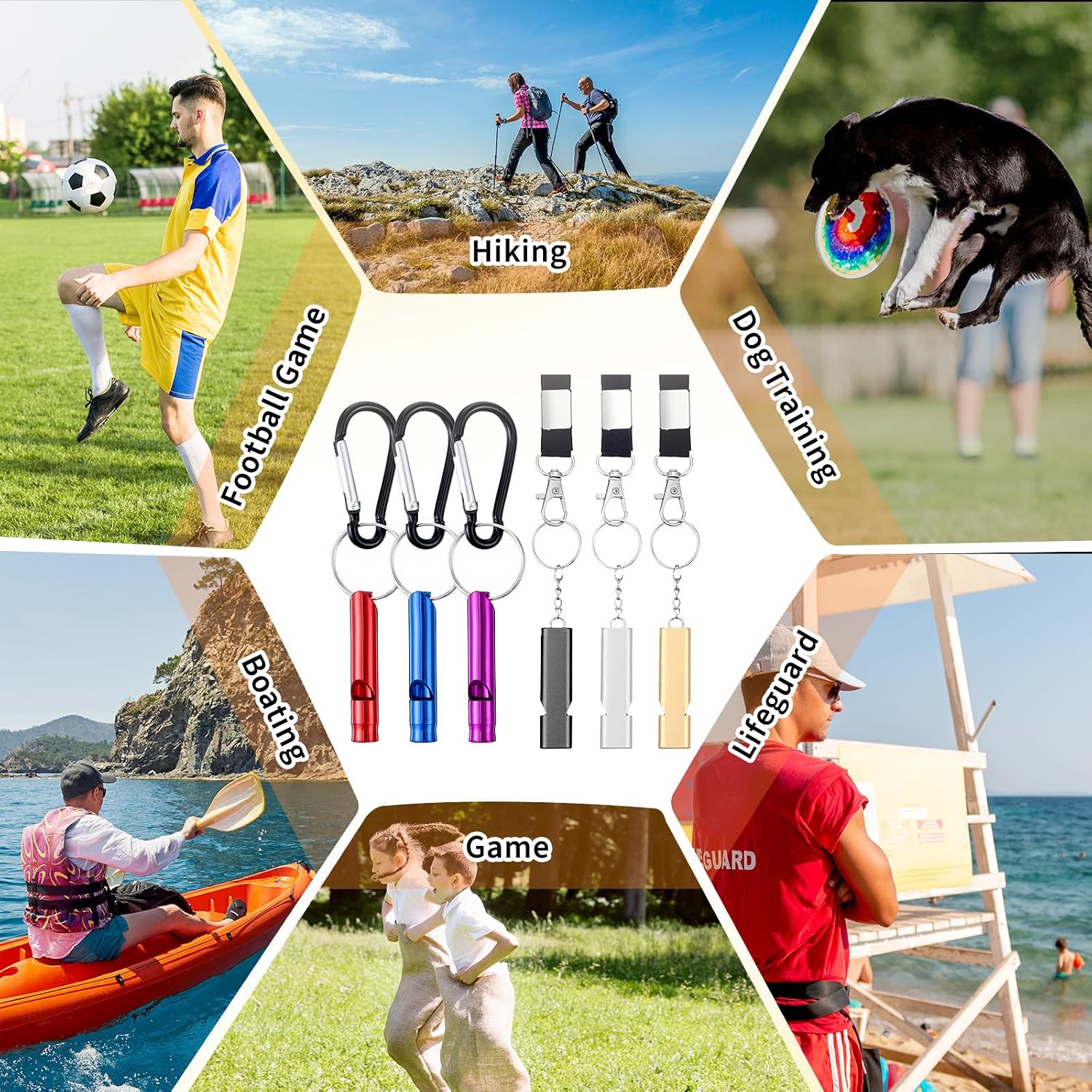 Ptwola 6 Pcs Emergency Whistle Set, Double-Tube Camping Whistles Aluminum Keychain Whistle Loud Blast Hiking Whistles with Lanyard Carabiners for Adults Coaching Boating Hunting Camping
