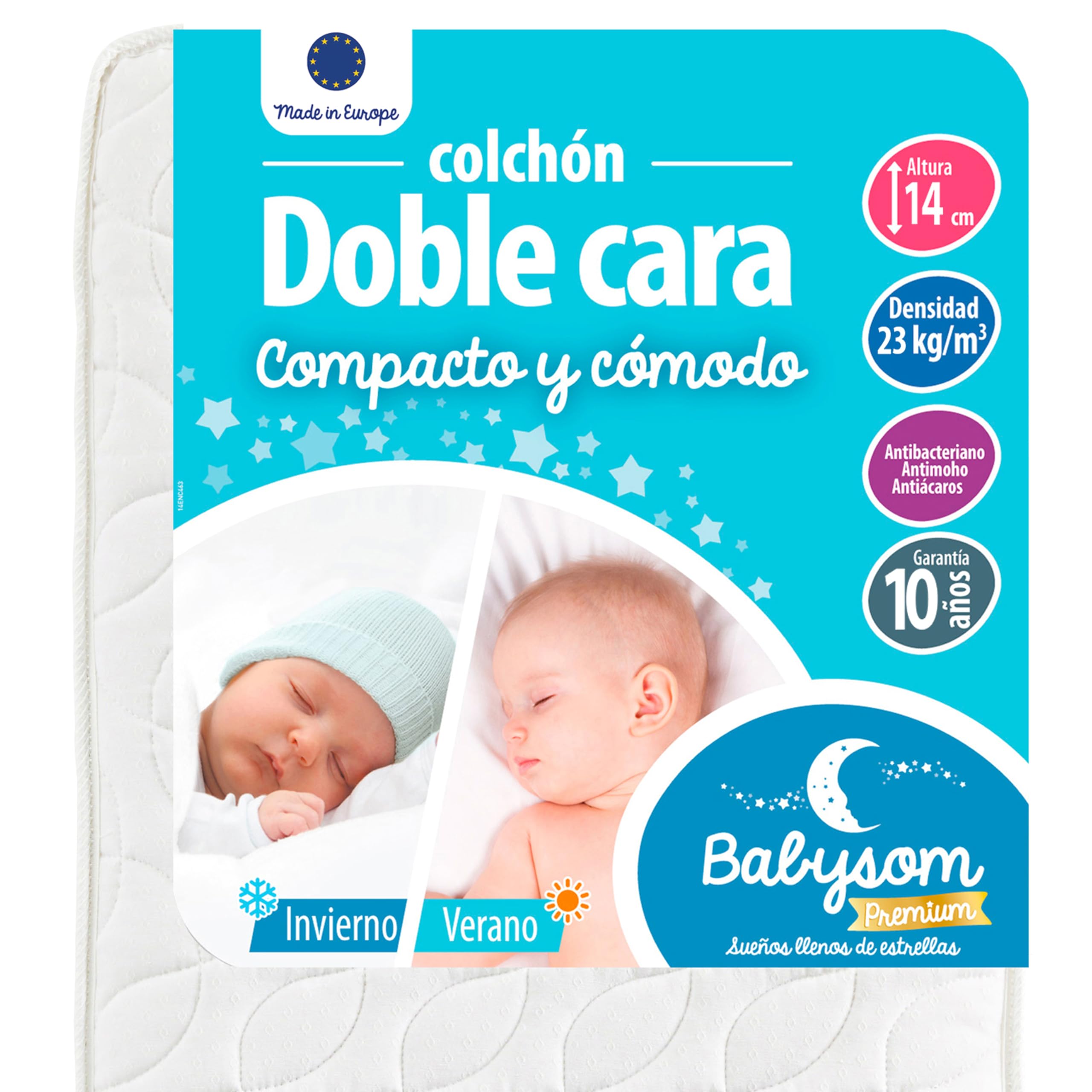 Babysom - Colchón Cuna Bebé Doble cara - 60x120 cm - Verano/Invierno - Altura 14 cm - Antiácaros - Antiasfixia - Transpirable - Reglaje Térmico