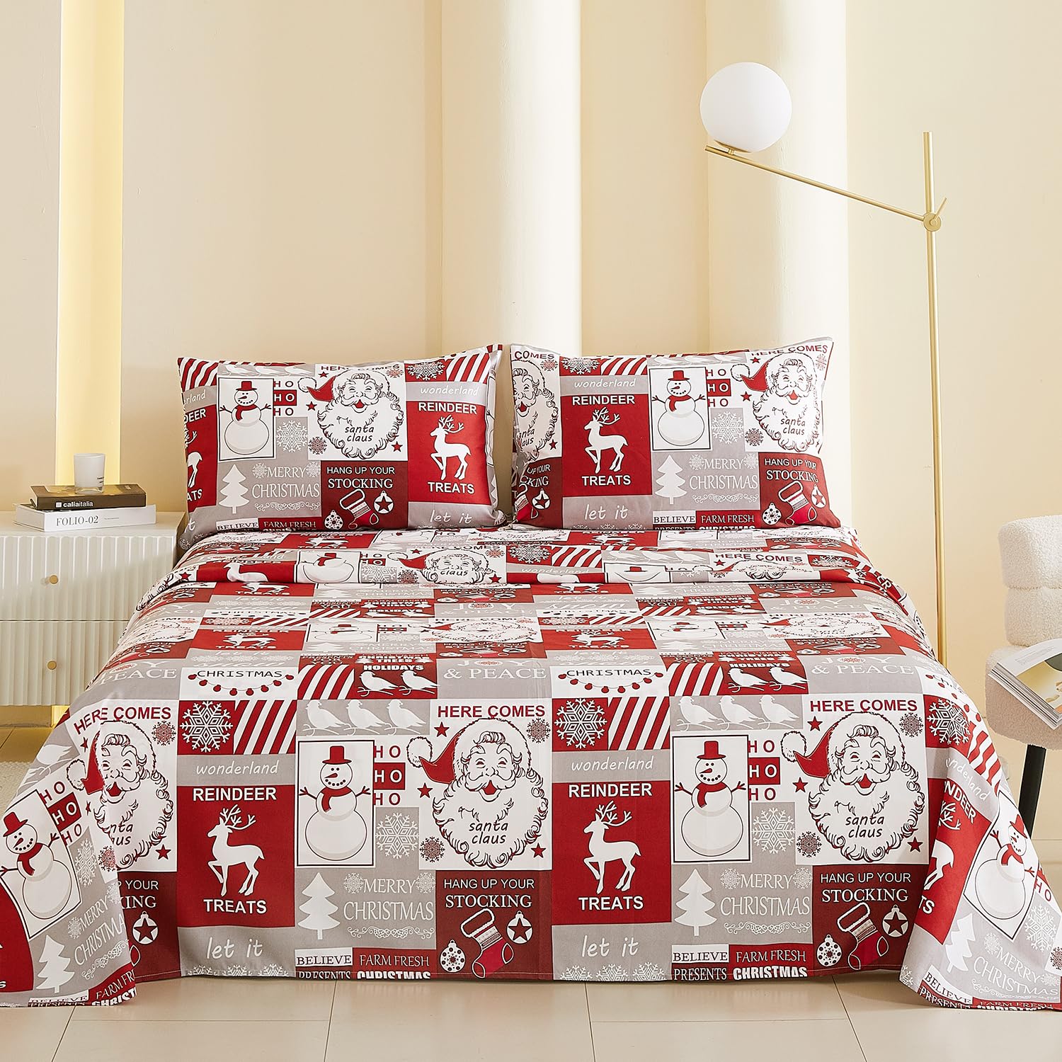 Vaulia Christmas Bed Sheets Full Soft Microfiber Grey and Red Plaid Snowflake Senta 4 Piece Sheets Set with 1 Fitted Sheet 1 Flat Sheet 2 Pillowcases