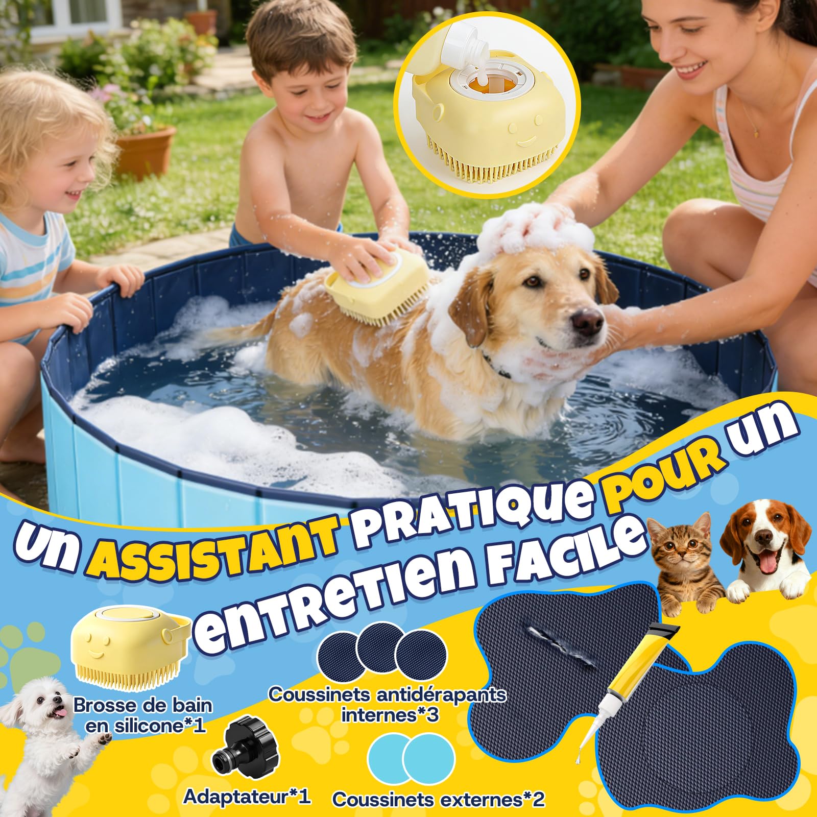 JONRRYIN Piscine pour Chien, 120 x 30cm Piscine Chien Pliable pour Grands et Petits Chiens, Stable et Antidérapant, Piscine Portable avec Rustines et Valve de Vidange pour Enfant Extérieure (120*30cm)