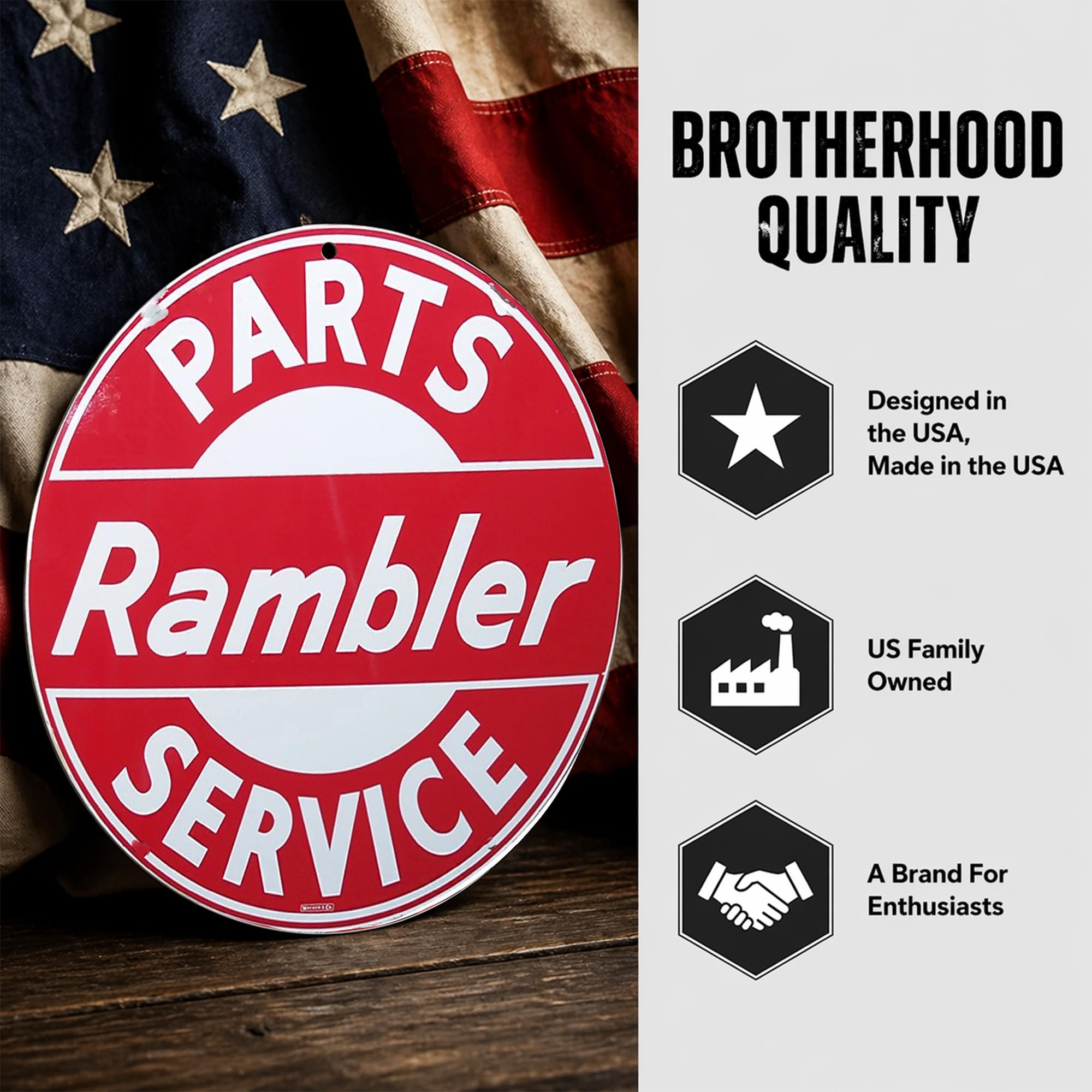 Brotherhood Targa in metallo vintage con riproduzione di cartelli in metallo vintage per garage e casa 20 cm di diametro – Rambler Parts and Service