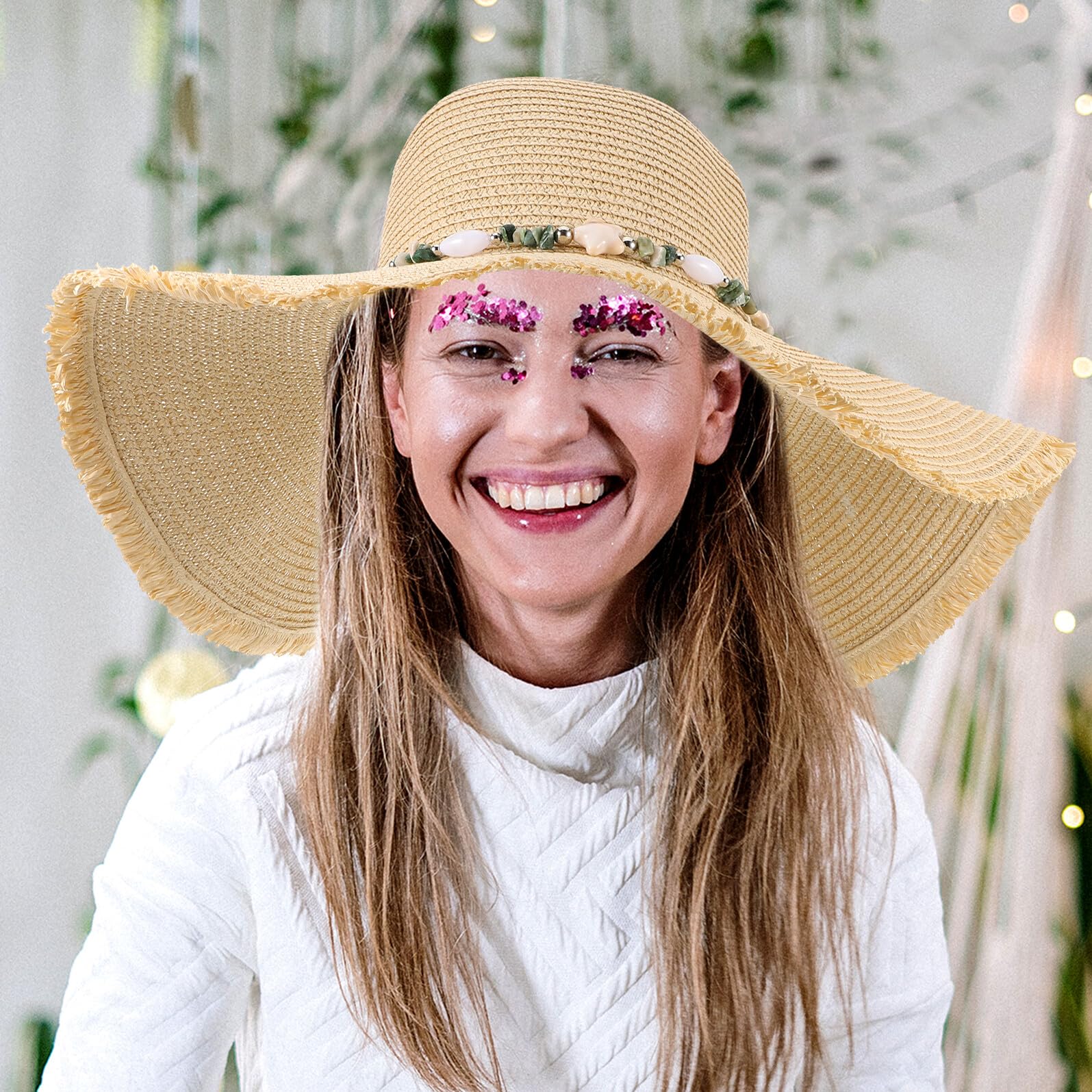Sombrero de Paja para Mujer ala Ancha Beige Transpirable y Ligero Sombrero de Playa con Flecos Protección Solar UV Adecuado para Vacaciones y Uso al Aire Libre