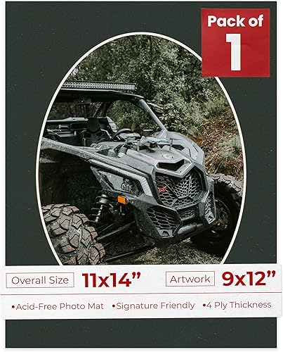 Tapete de 11 x 14 pulgadas con corte biselado para fotos de 9 x 12 pulgadas, con textura precortada, color negro, ovalado, sin ácidos, mate para