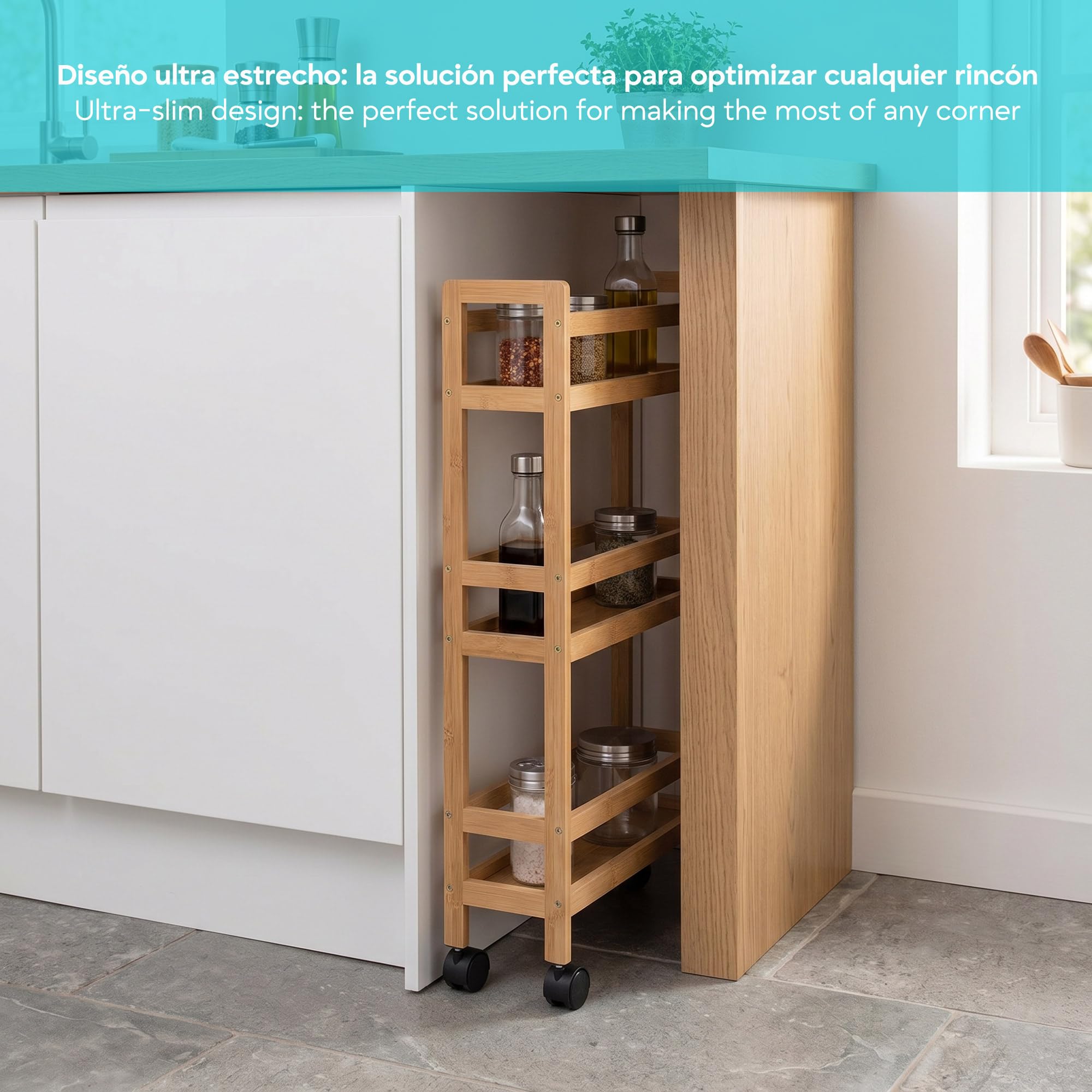 Well Home - Carrello ausiliario in bambù con ruote, 36 x 15 x 74,5 cm, 3 livelli, ideale per cucina, bagno e ufficio, salvaspazio