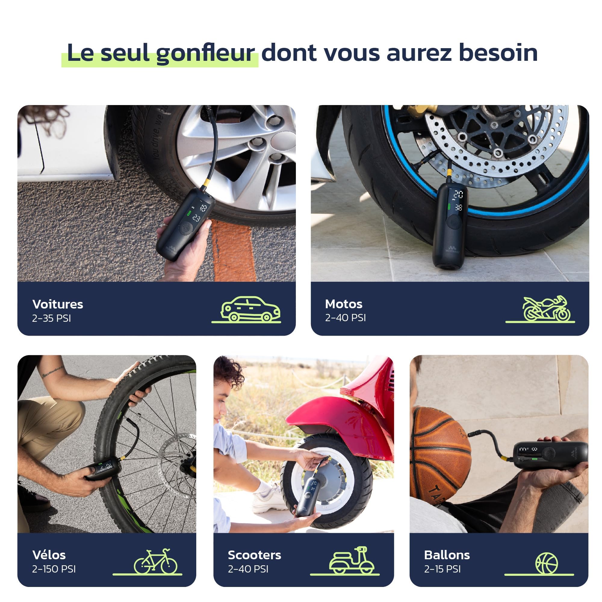 Woowind Gonfleur Pneus Voiture, Pompe A Velo, Gonflage en 1 Minute, 150PSI/10,3BAR Compresseur à Air Portatif pour Voitures, Vélos, Motos et Ballons avec Arrêt Automatique, Ecran LCD et Lampe LED