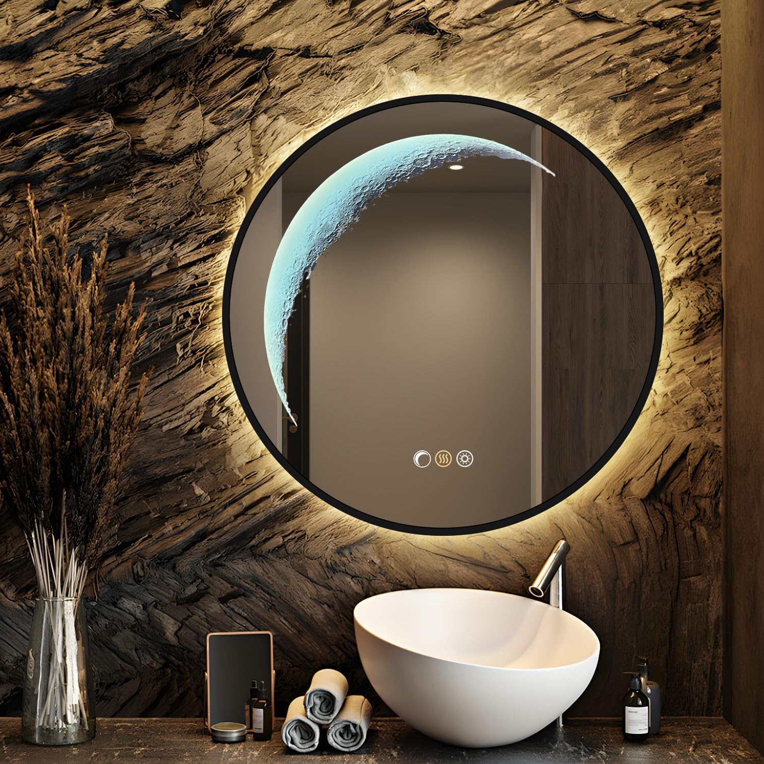 24'' Round Bathroom Mirror with Light, Black Circle Mirror with Backlit & Half Moon Light, Anti-Fog, Dimming Wall-Mounted LED Vanity Mirrors for Bathroom, Home Decor, Entryway 24"L x 24"W Balck Frame-round