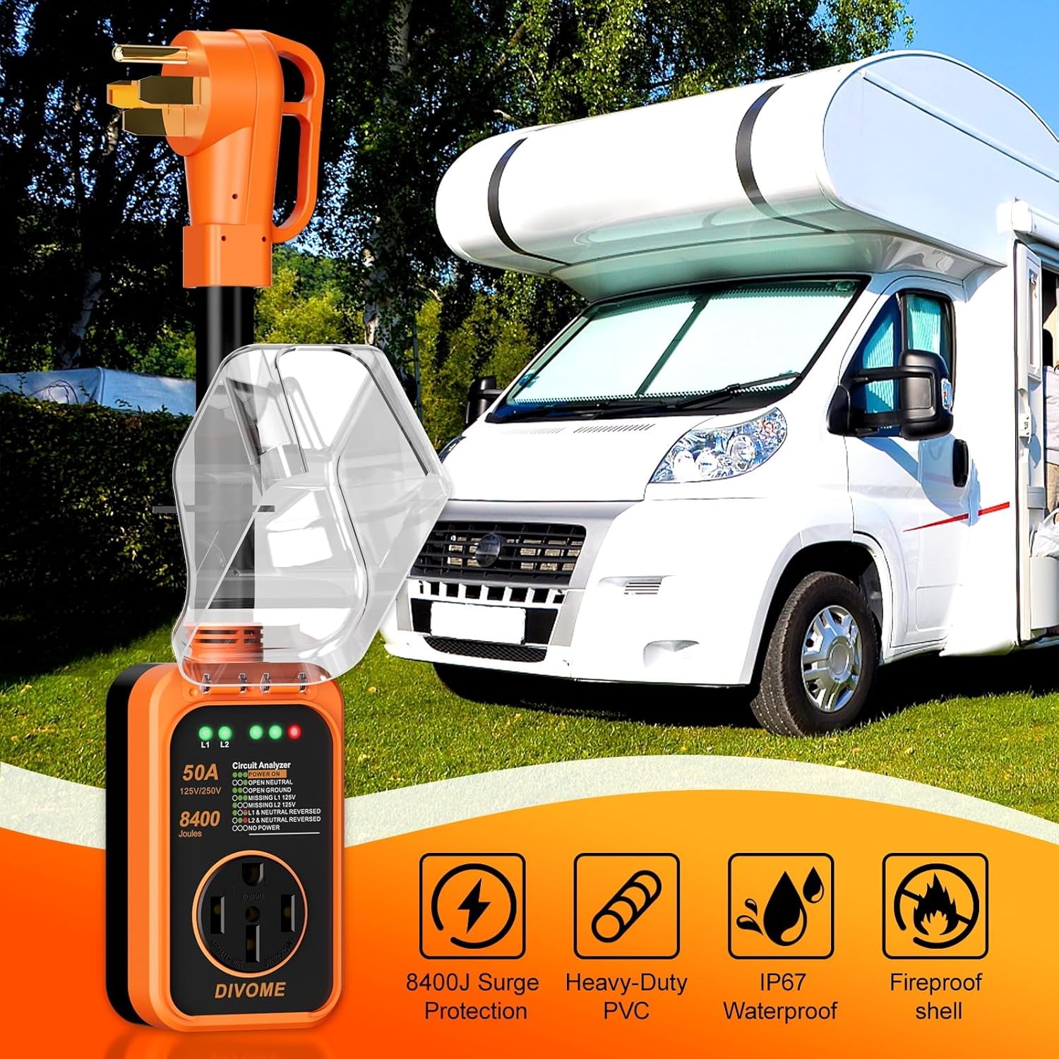 RV Surge Protector 50 Amp - Upgraded 8400 Joules RV Circuit Analyzer with Waterproof Cover, RV Adapter Plug for Camper Accessories for Travel Trailers