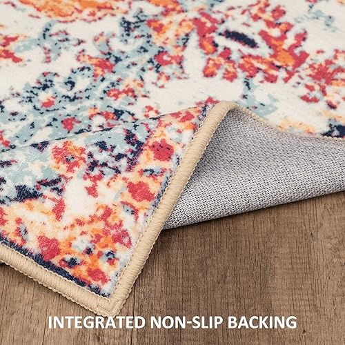 Miniatura 4 de TANVILL Alfombra de área de 5 x 7 pies, estilo vintage, bohemio, envejecida, lavable, antideslizante, para dormitorio, sala de estar, azulnaranja