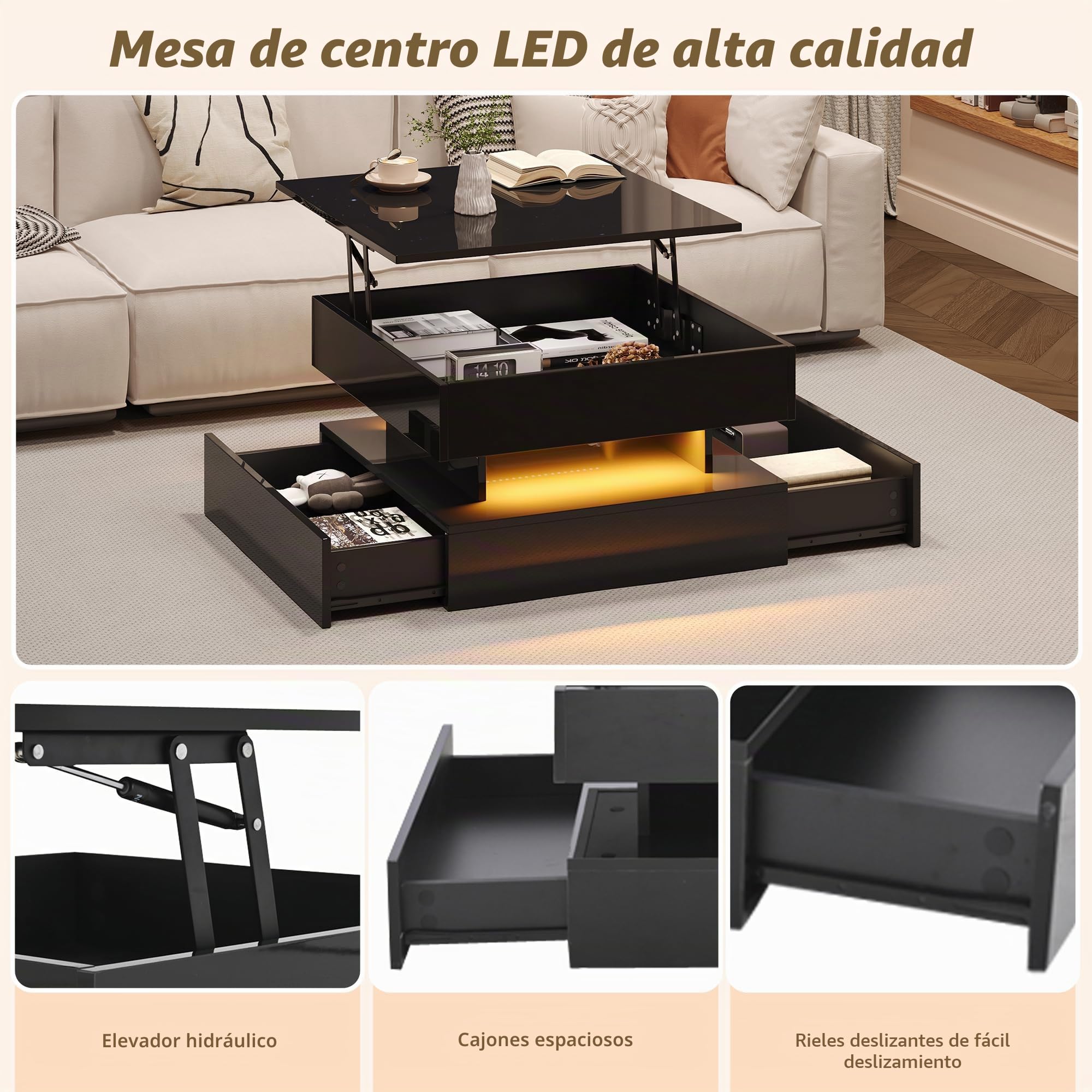65 x 65 x 38,5 cm elevable mesa de salón auxiliar, mesa de centro brillante con barra de luz LED, mesa de sofá con 2 cajones, color negro